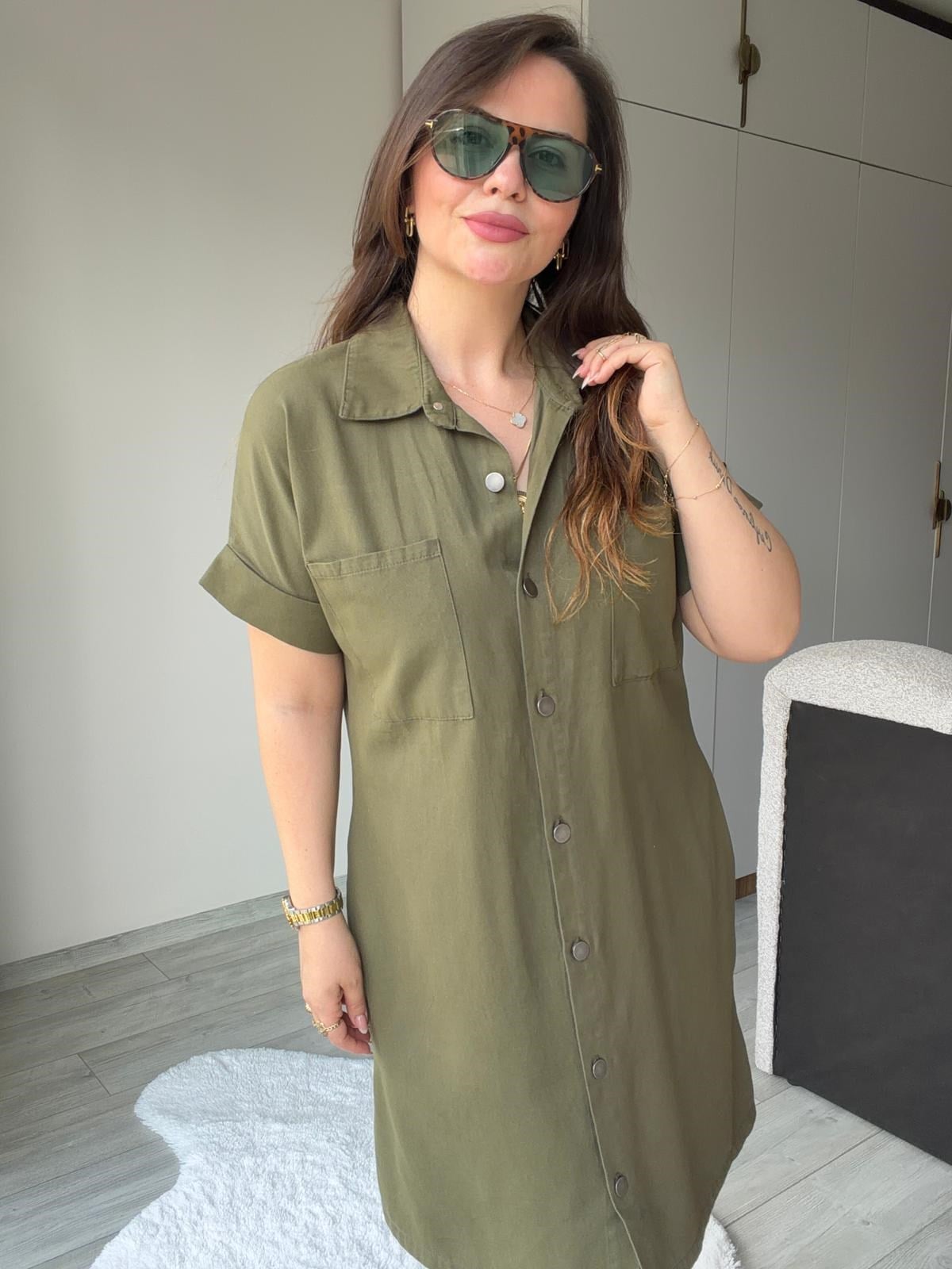 410 Yıkamalı Gabardin Elbise HAKİ YEŞİL