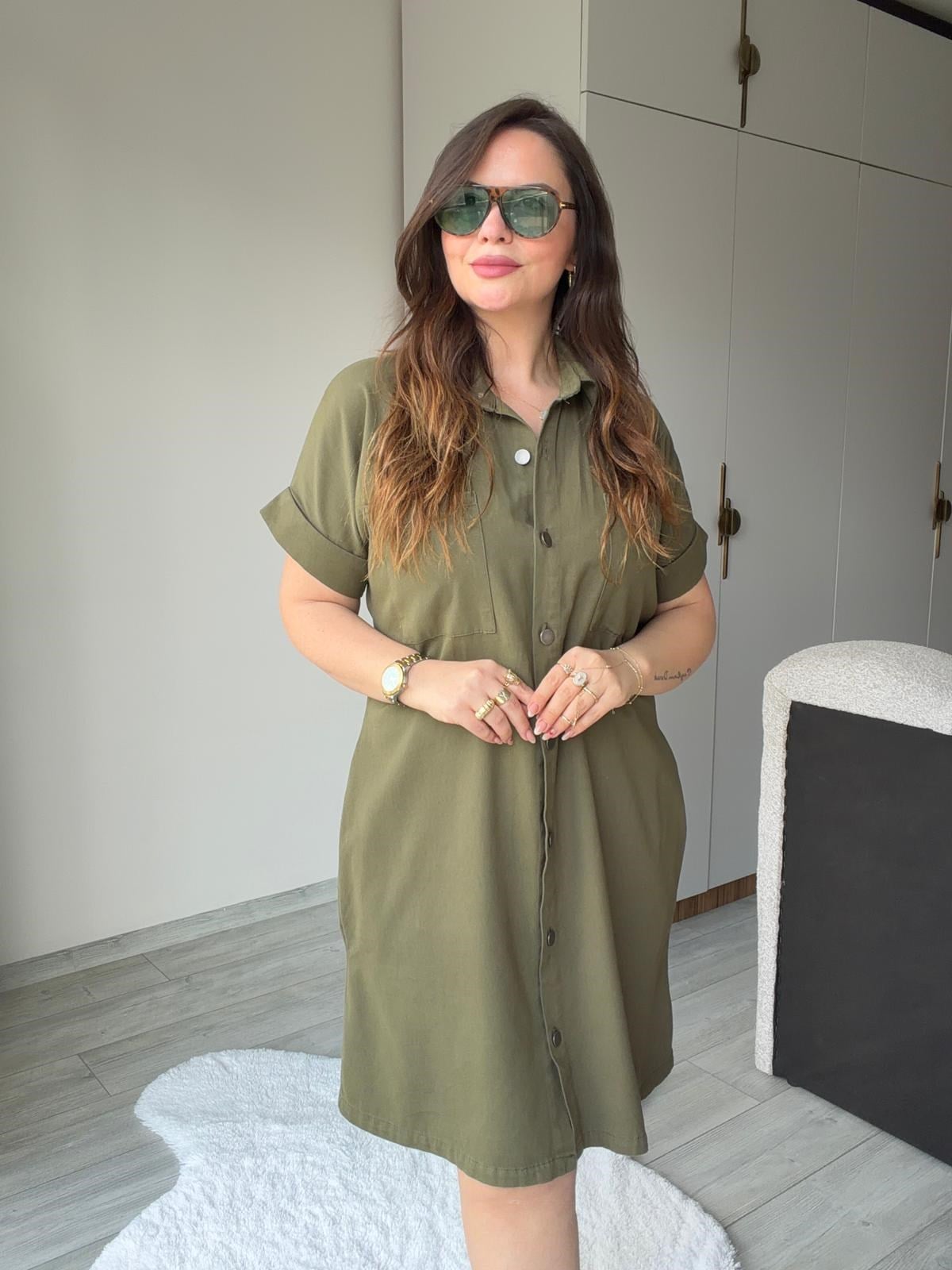 410 Yıkamalı Gabardin Elbise HAKİ YEŞİL