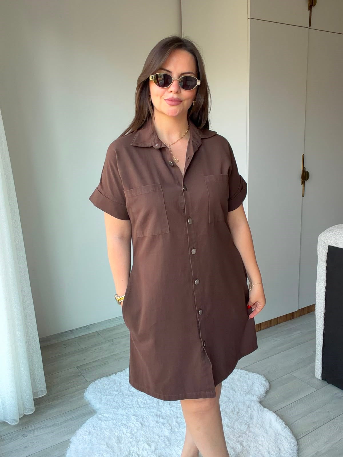 410 Yıkamalı Gabardin Elbise KAHVE