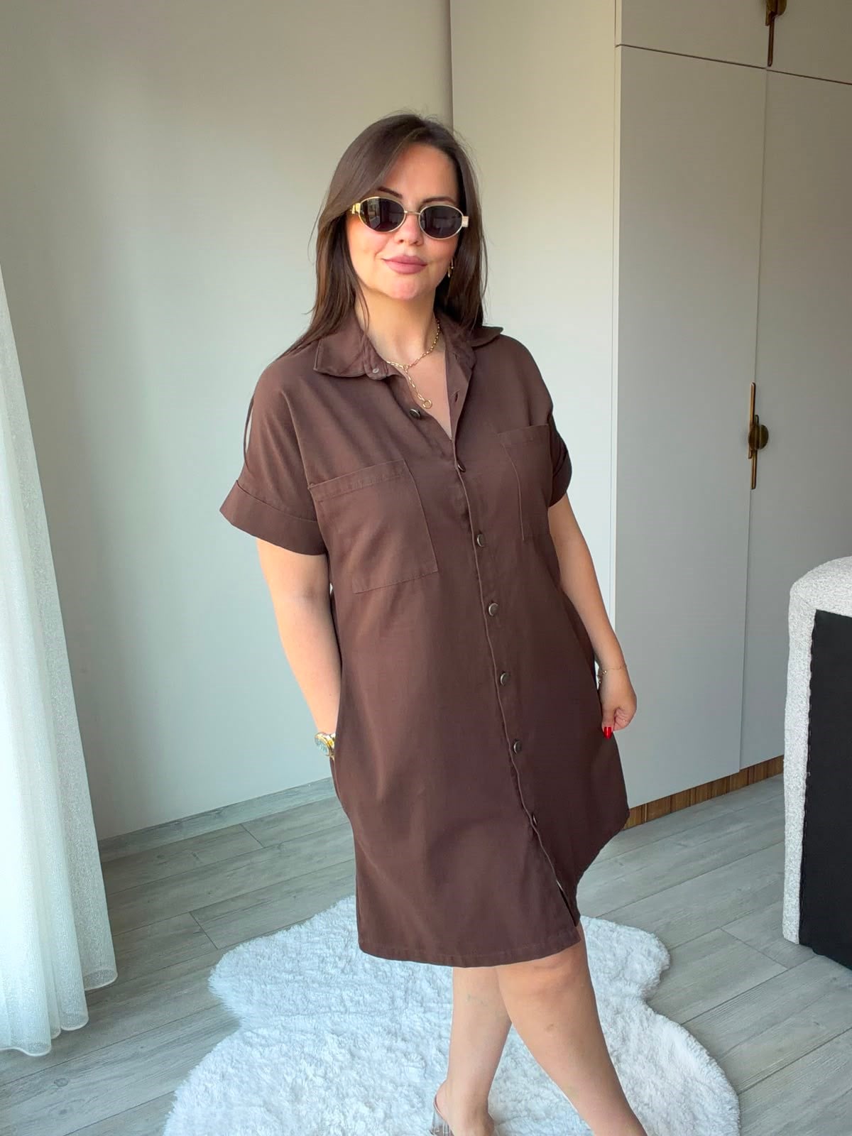 410 Yıkamalı Gabardin Elbise KAHVE