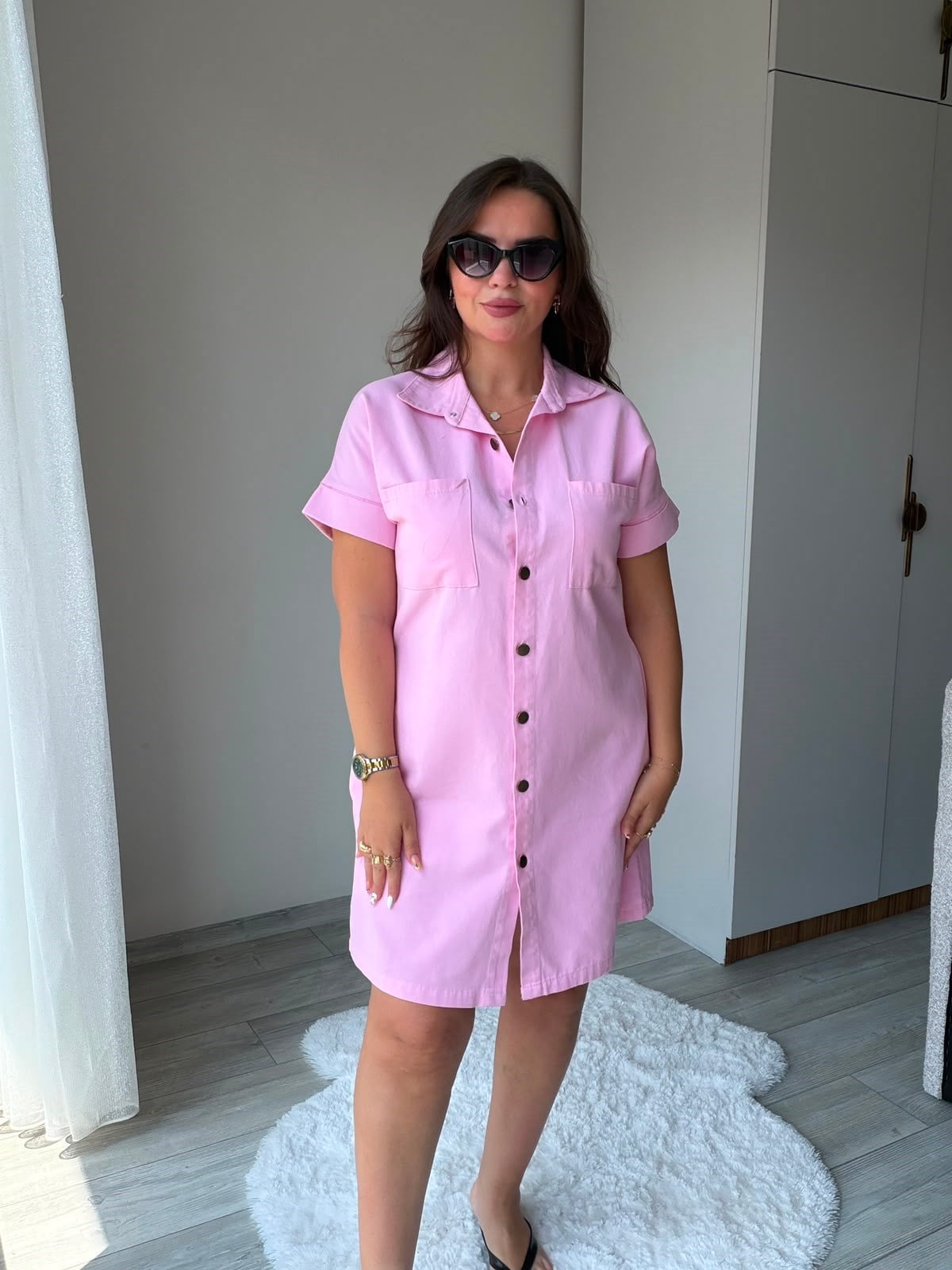 410 Yıkamalı Gabardin Elbise PEMBE