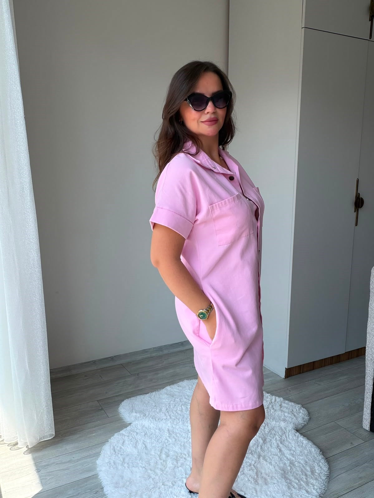 410 Yıkamalı Gabardin Elbise PEMBE