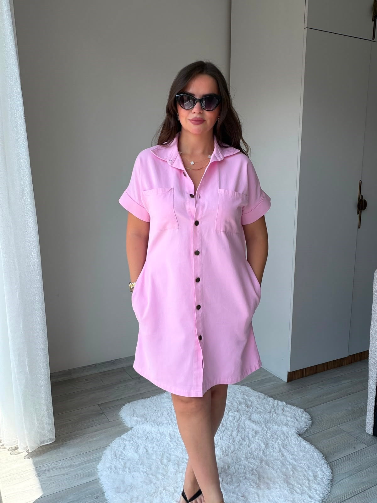 410 Yıkamalı Gabardin Elbise PEMBE