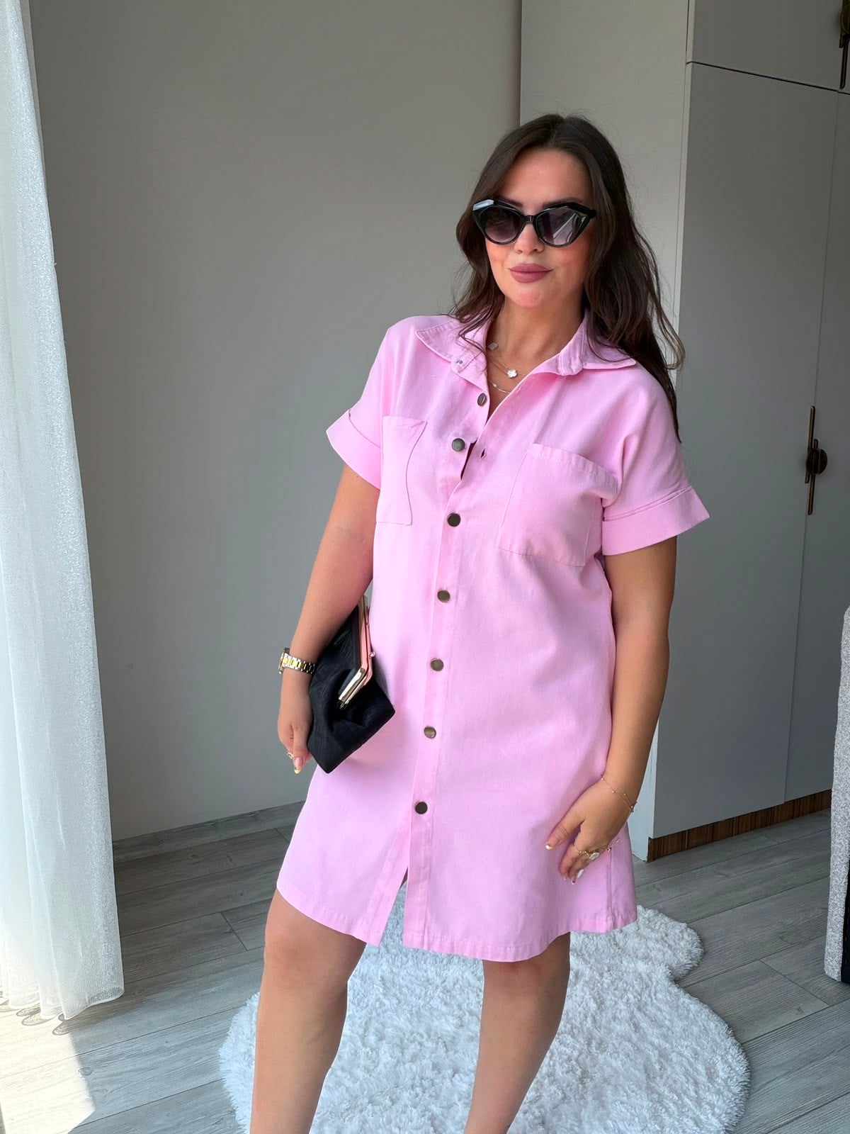 410 Yıkamalı Gabardin Elbise PEMBE