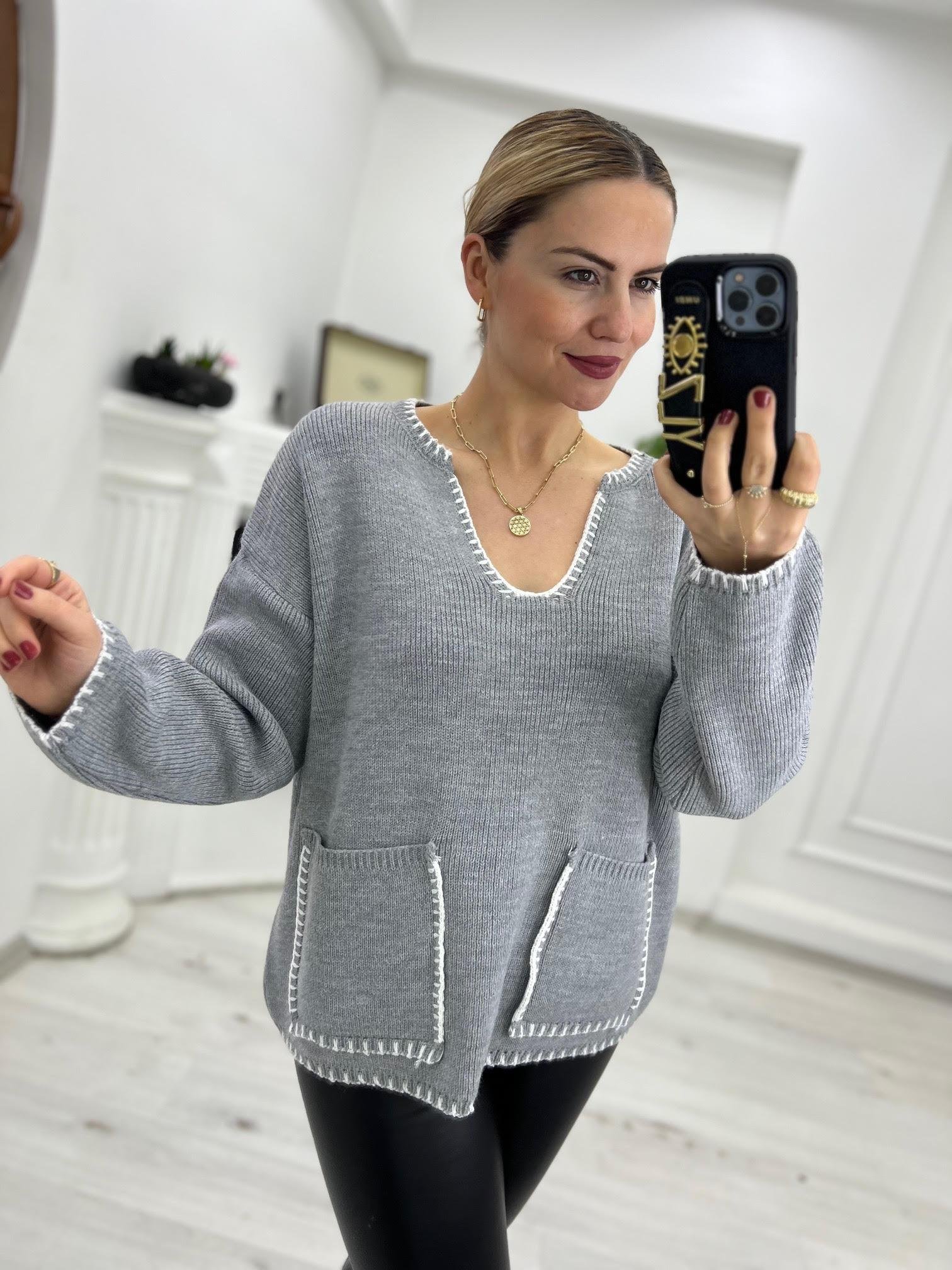 4188 Cepli İşleme Detay Triko GRİ