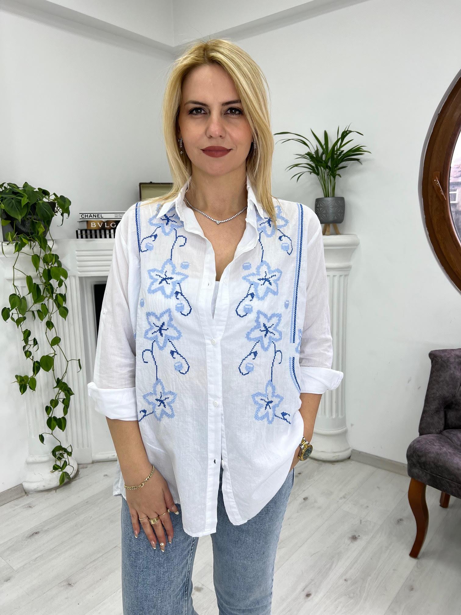 41891 Nakış İşlemeli Gömlek BEYAZ