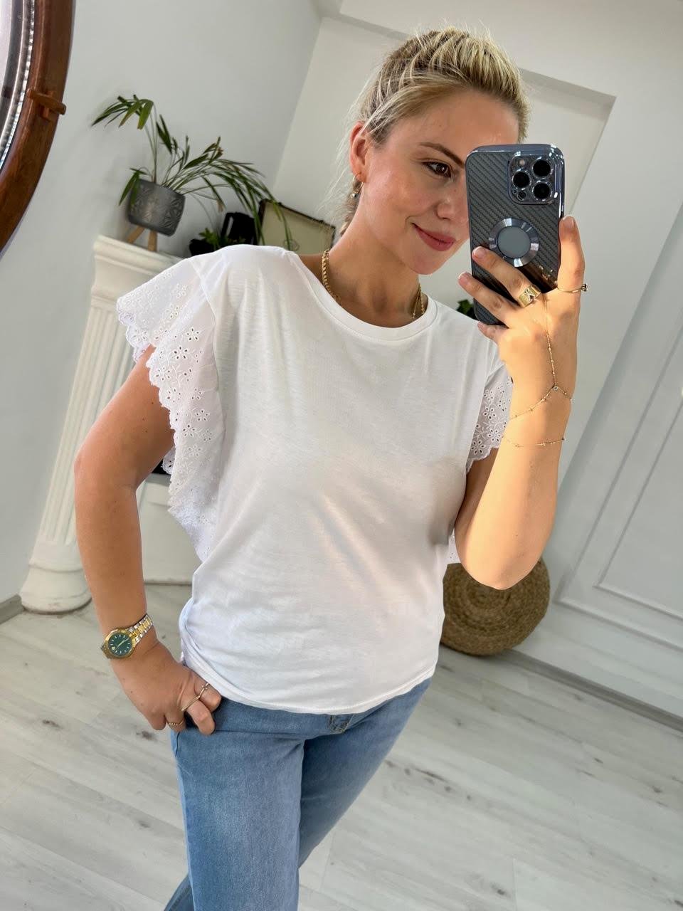 4191 Brodeli Kolsuz Bluz BEYAZ