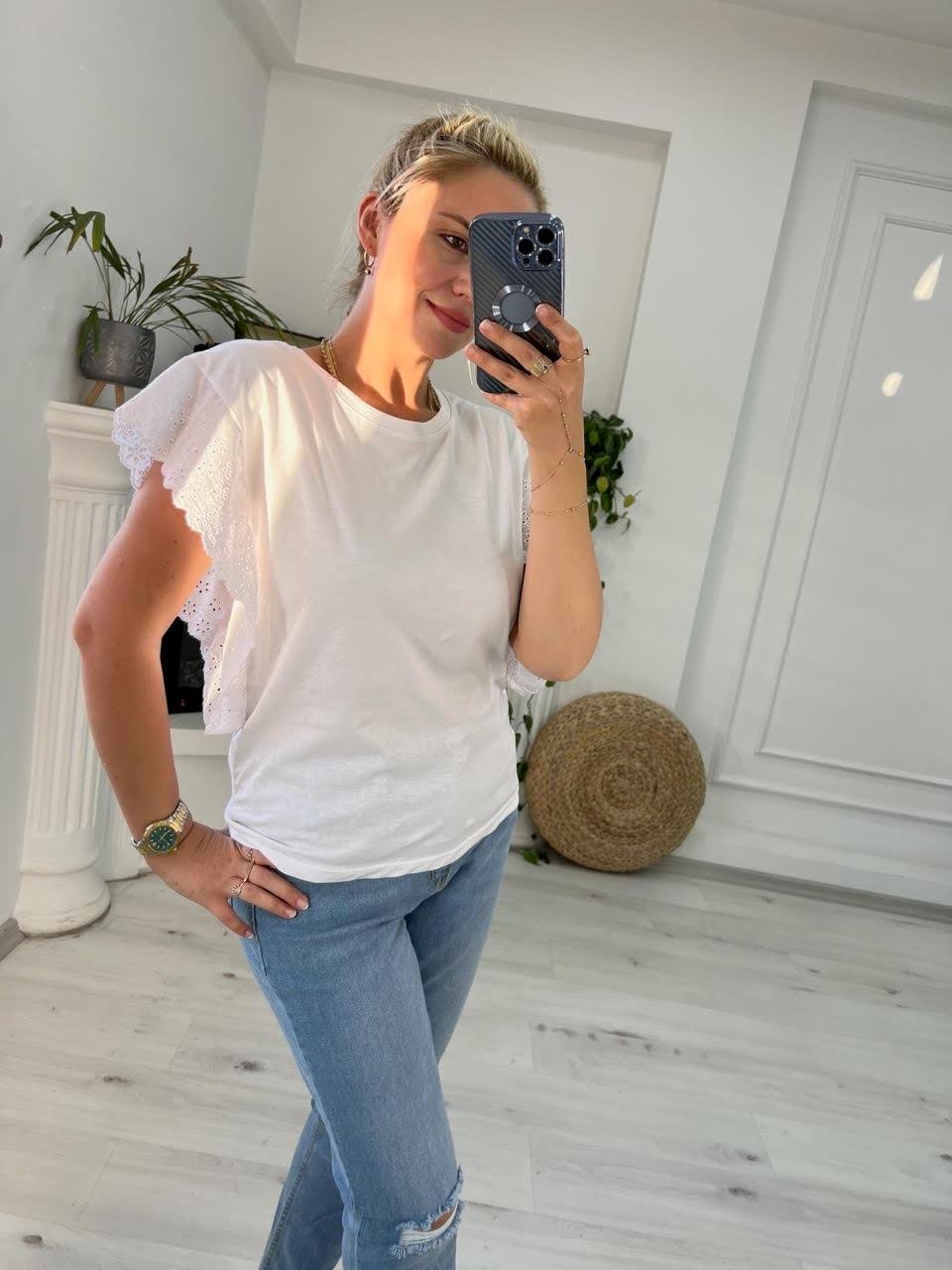 4191 Brodeli Kolsuz Bluz BEYAZ