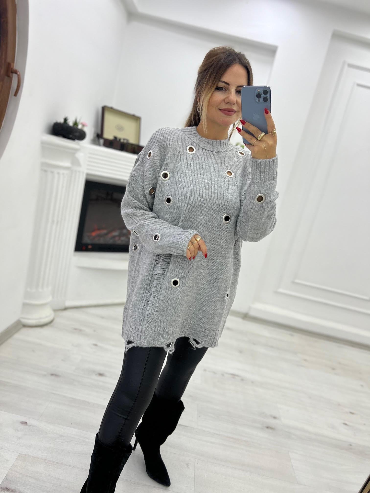 4214 Metal Yırtık Detay Tunik Kazak FÜME