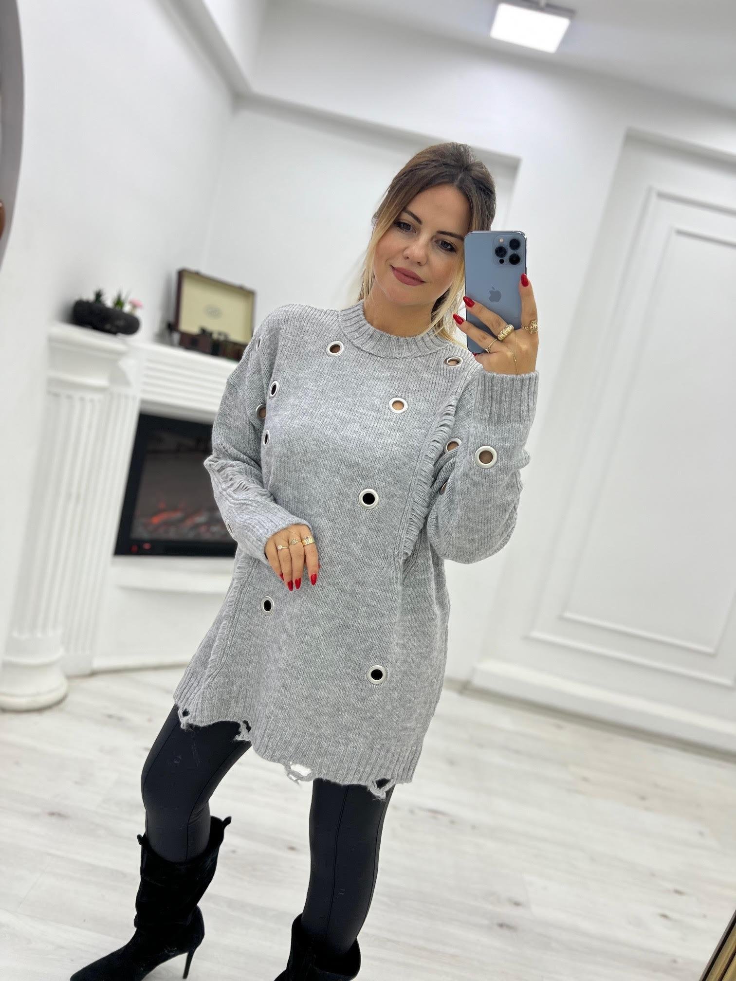 4214 Metal Yırtık Detay Tunik Kazak FÜME