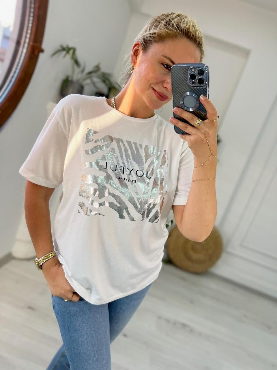 4266 Zebra Varak Baskılı Tshirt GRİ
