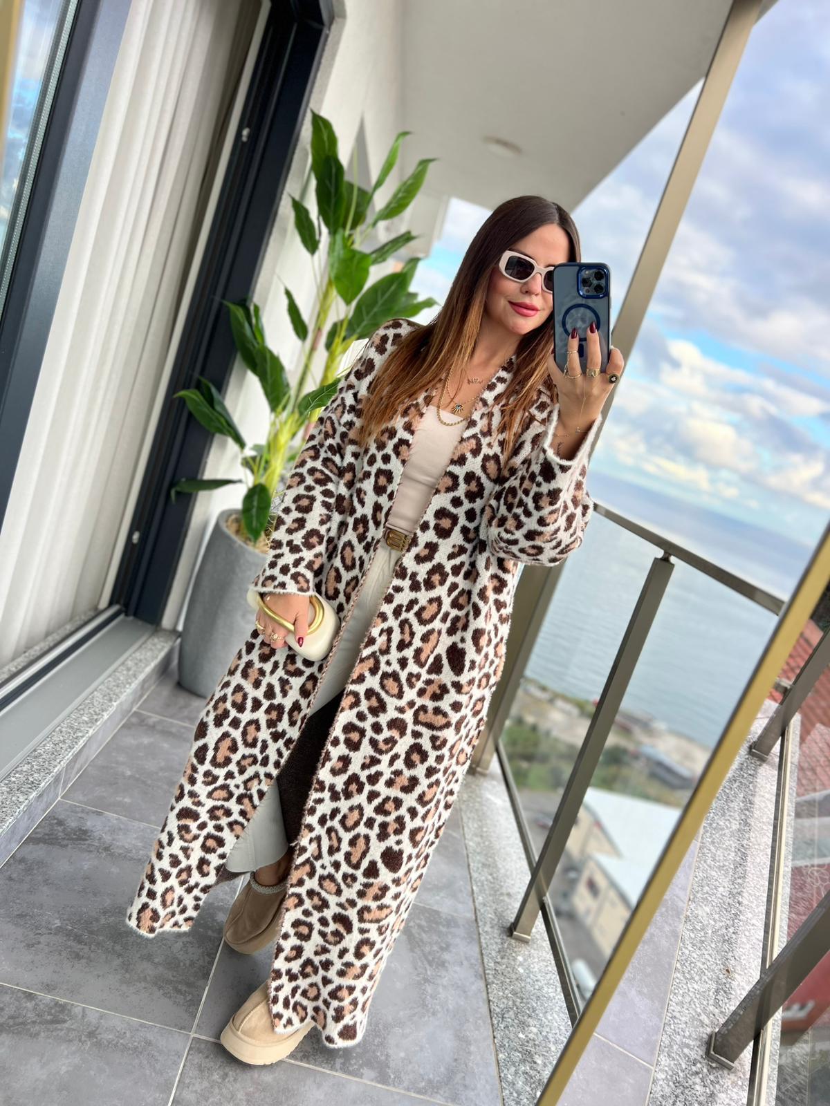 4381 Leopar Uzun Hırka KAHVE