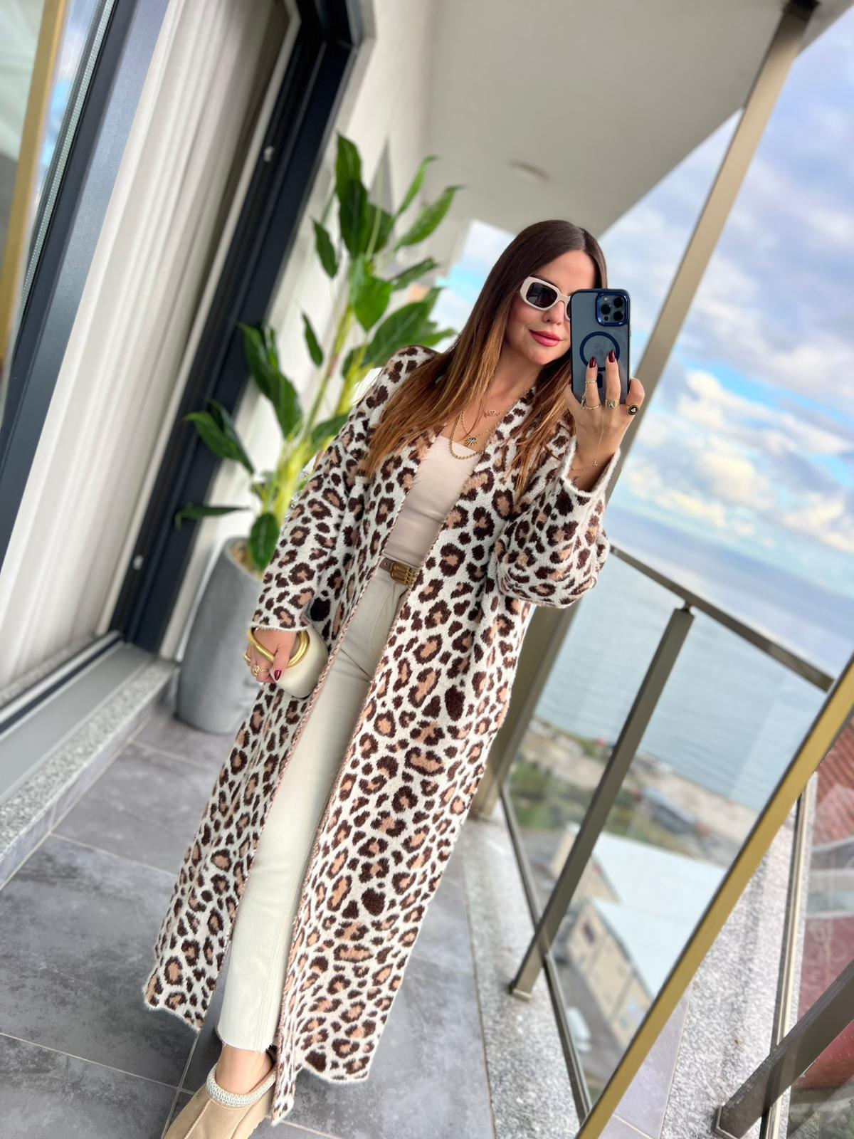 4381 Leopar Uzun Hırka KAHVE