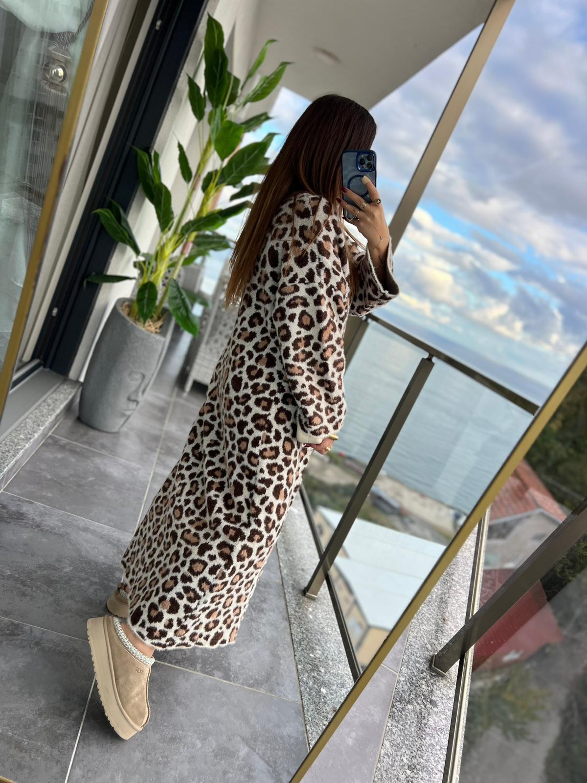 4381 Leopar Uzun Hırka KAHVE
