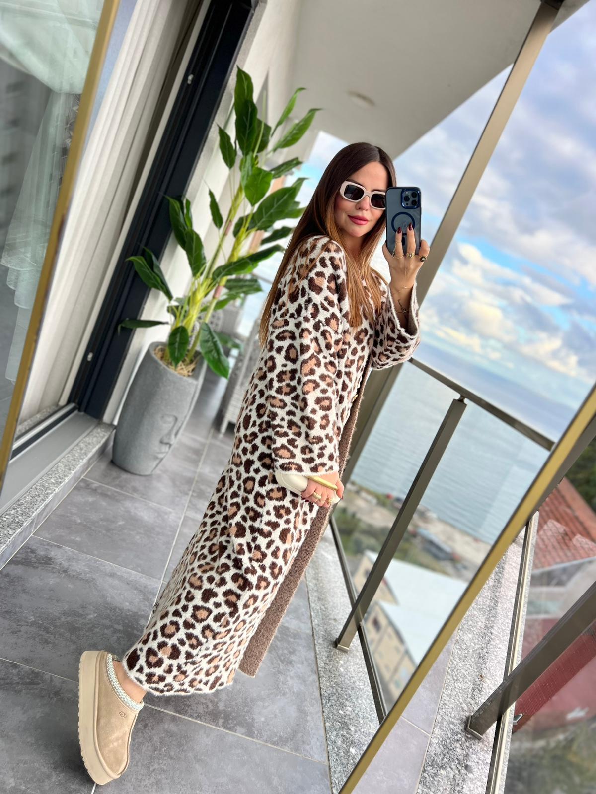 4381 Leopar Uzun Hırka KAHVE