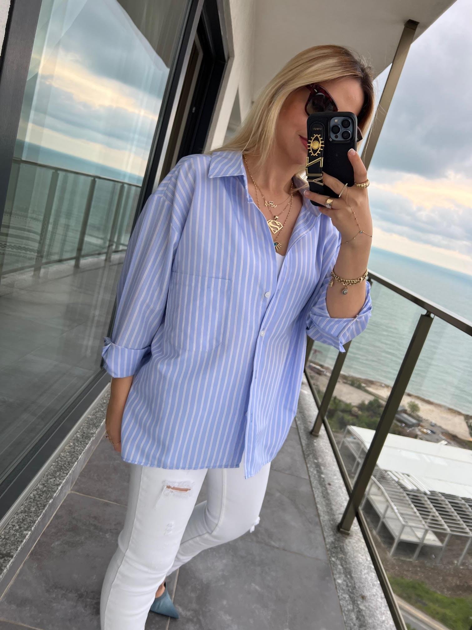 4458 Oversize Çizgili Salaş Gömlek BEBE MAVİ