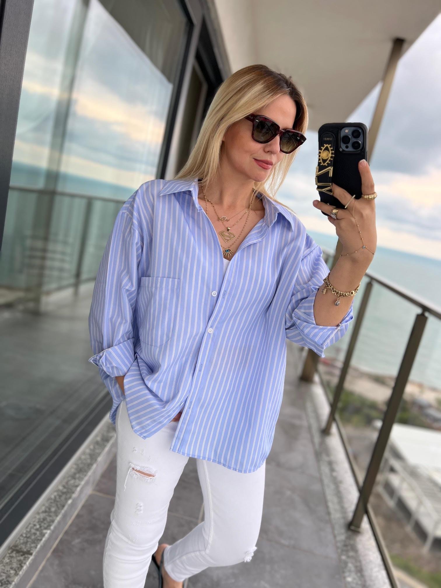 4458 Oversize Çizgili Salaş Gömlek BEBE MAVİ