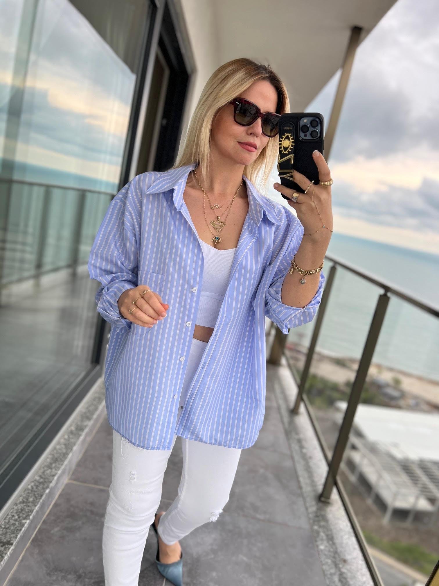 4458 Oversize Çizgili Salaş Gömlek BEBE MAVİ