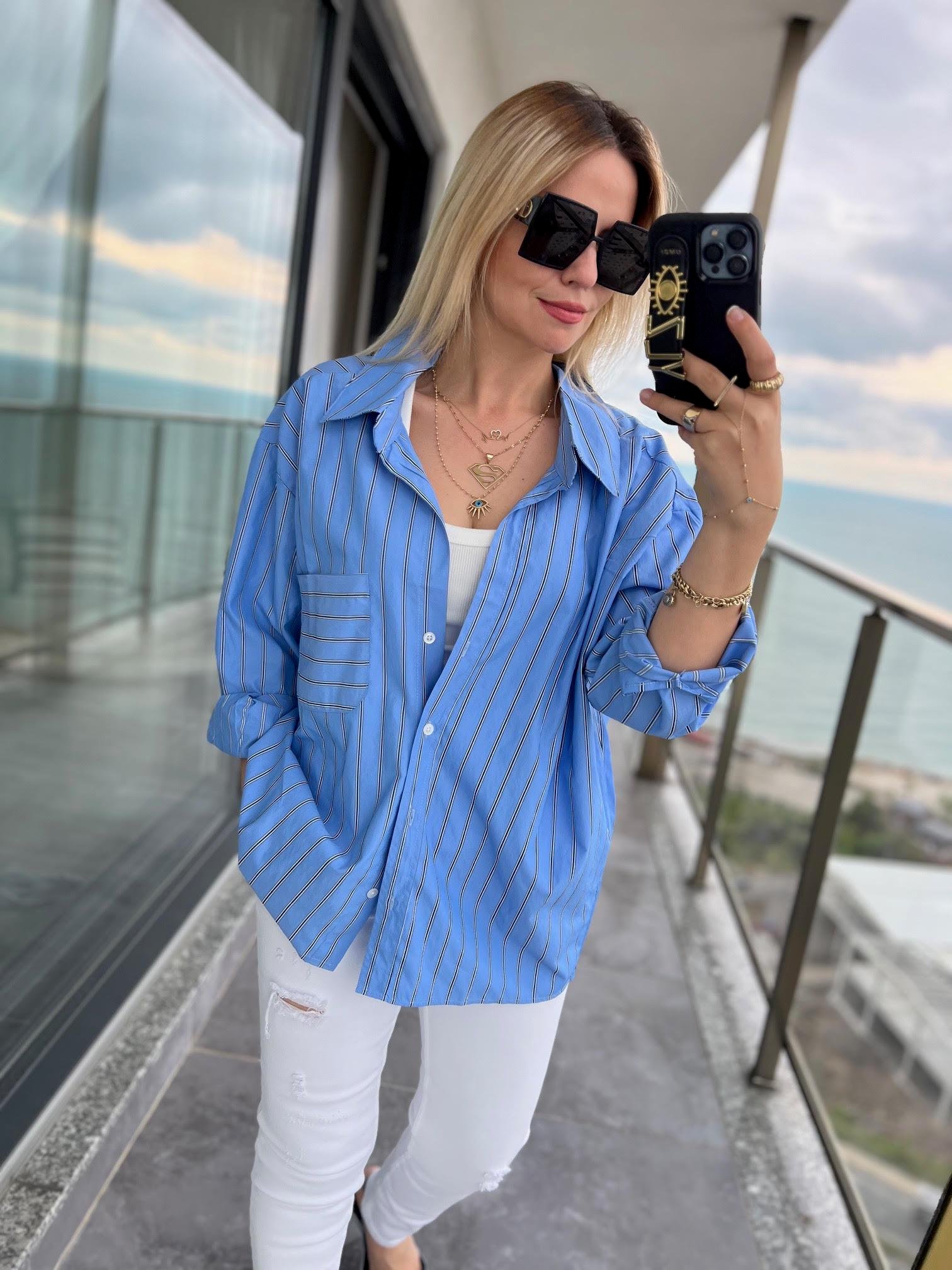 4458 Oversize Çizgili Salaş Gömlek MAVİ