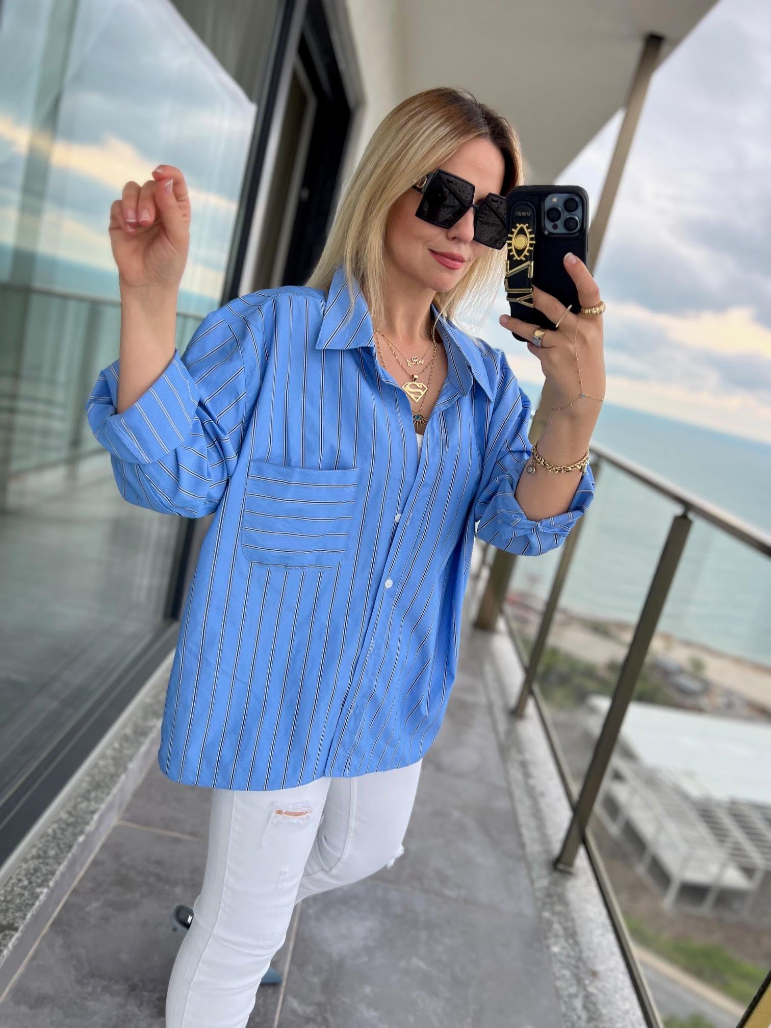 4458 Oversize Çizgili Salaş Gömlek MAVİ