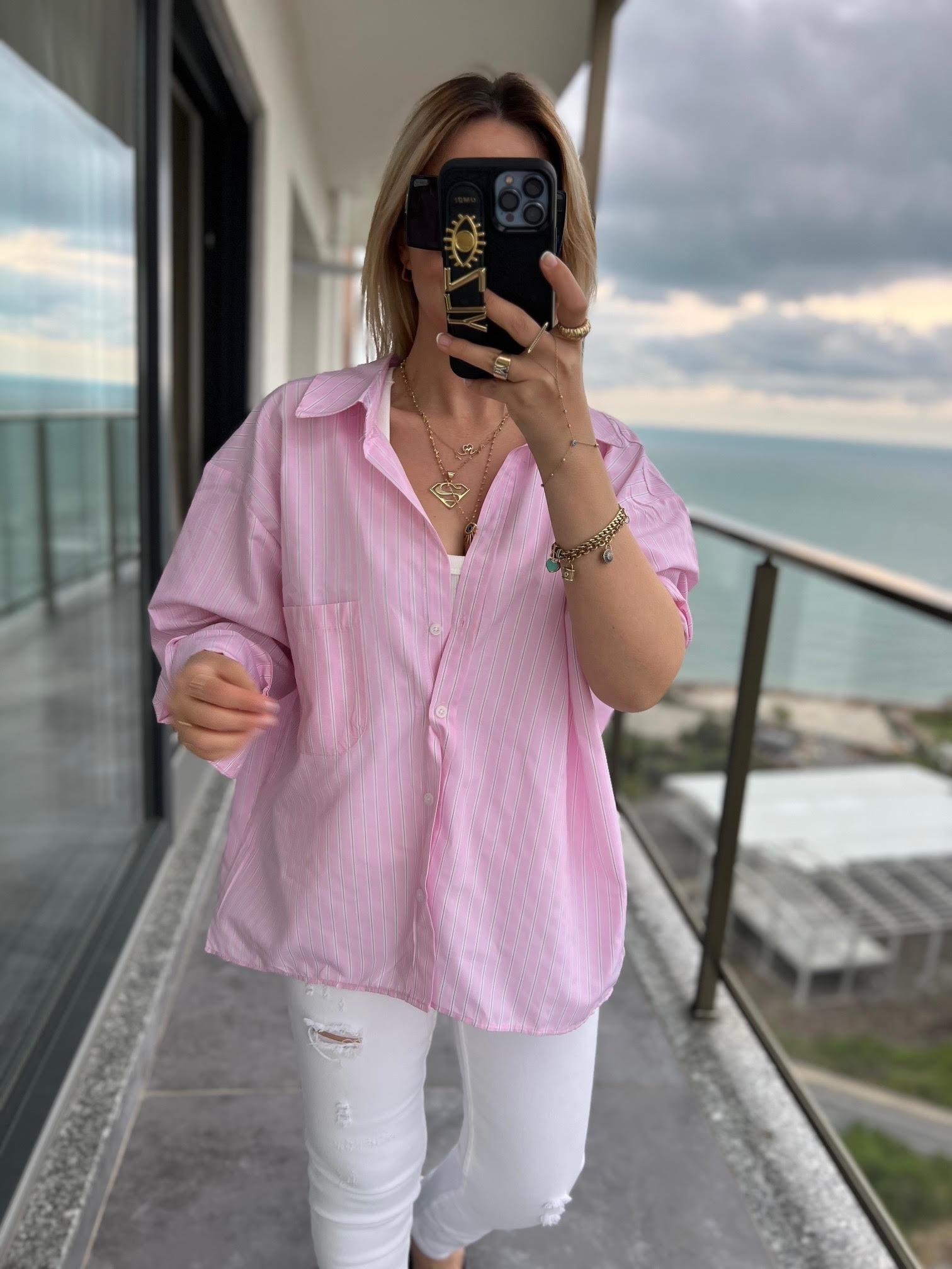 4458 Oversize Çizgili Salaş Gömlek PEMBE
