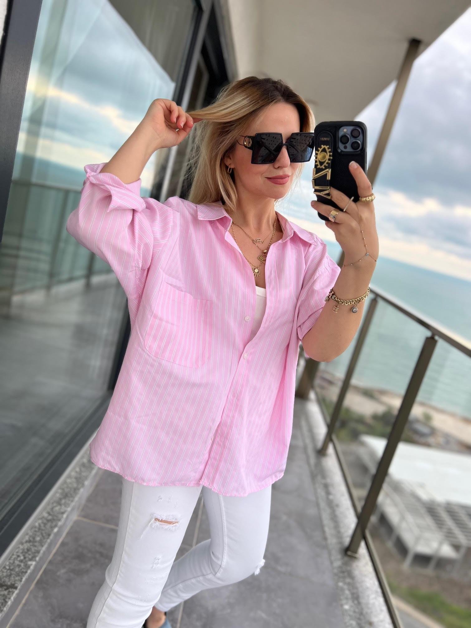 4458 Oversize Çizgili Salaş Gömlek PEMBE