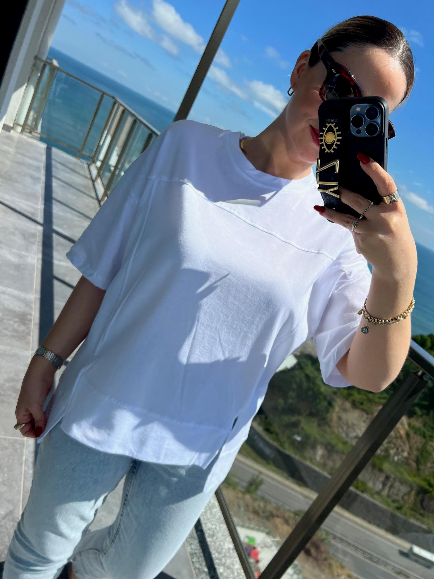 4458 Yırtmaçlı Parçalı Tshirt BEYAZ