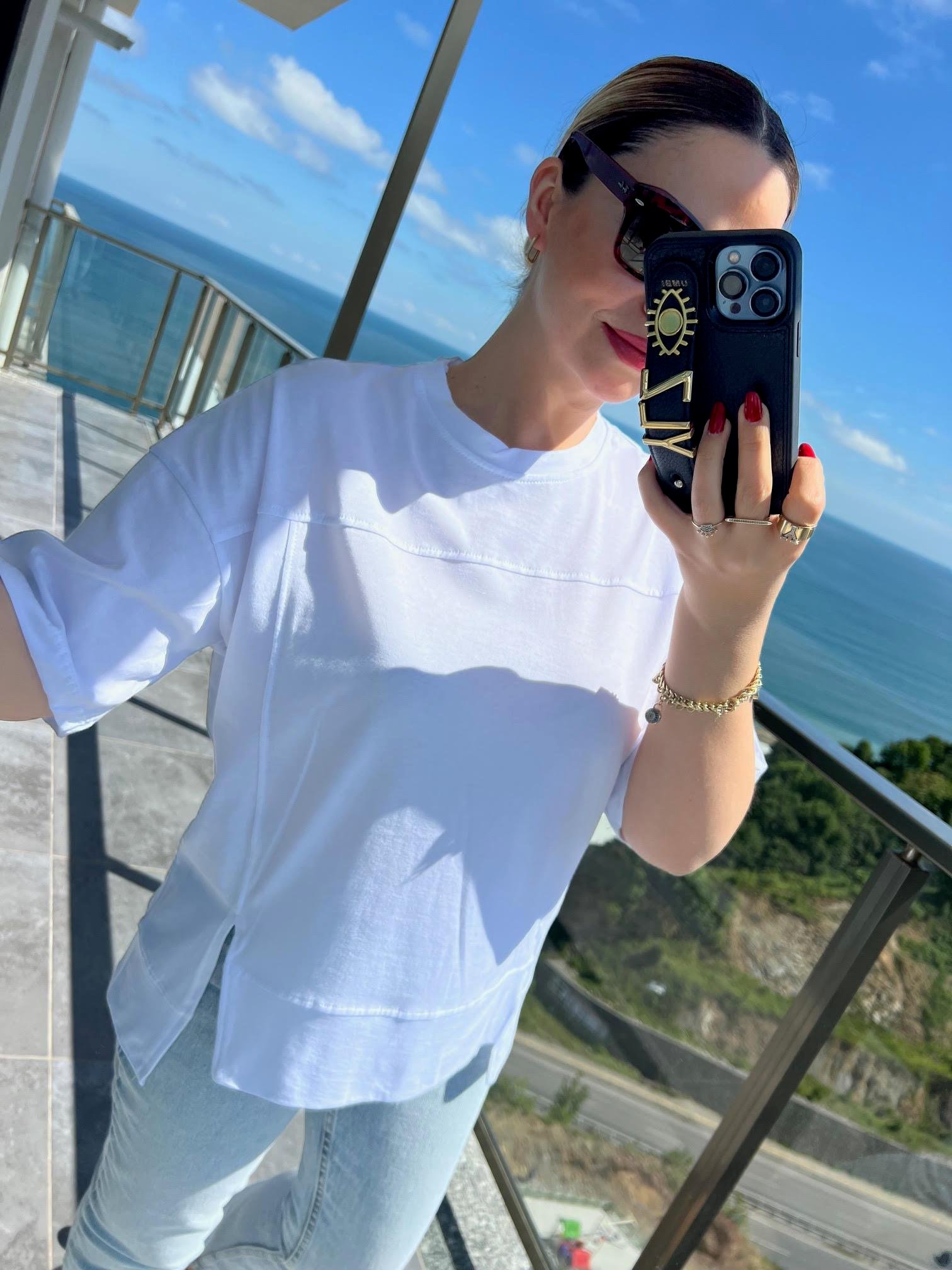4458 Yırtmaçlı Parçalı Tshirt BEYAZ