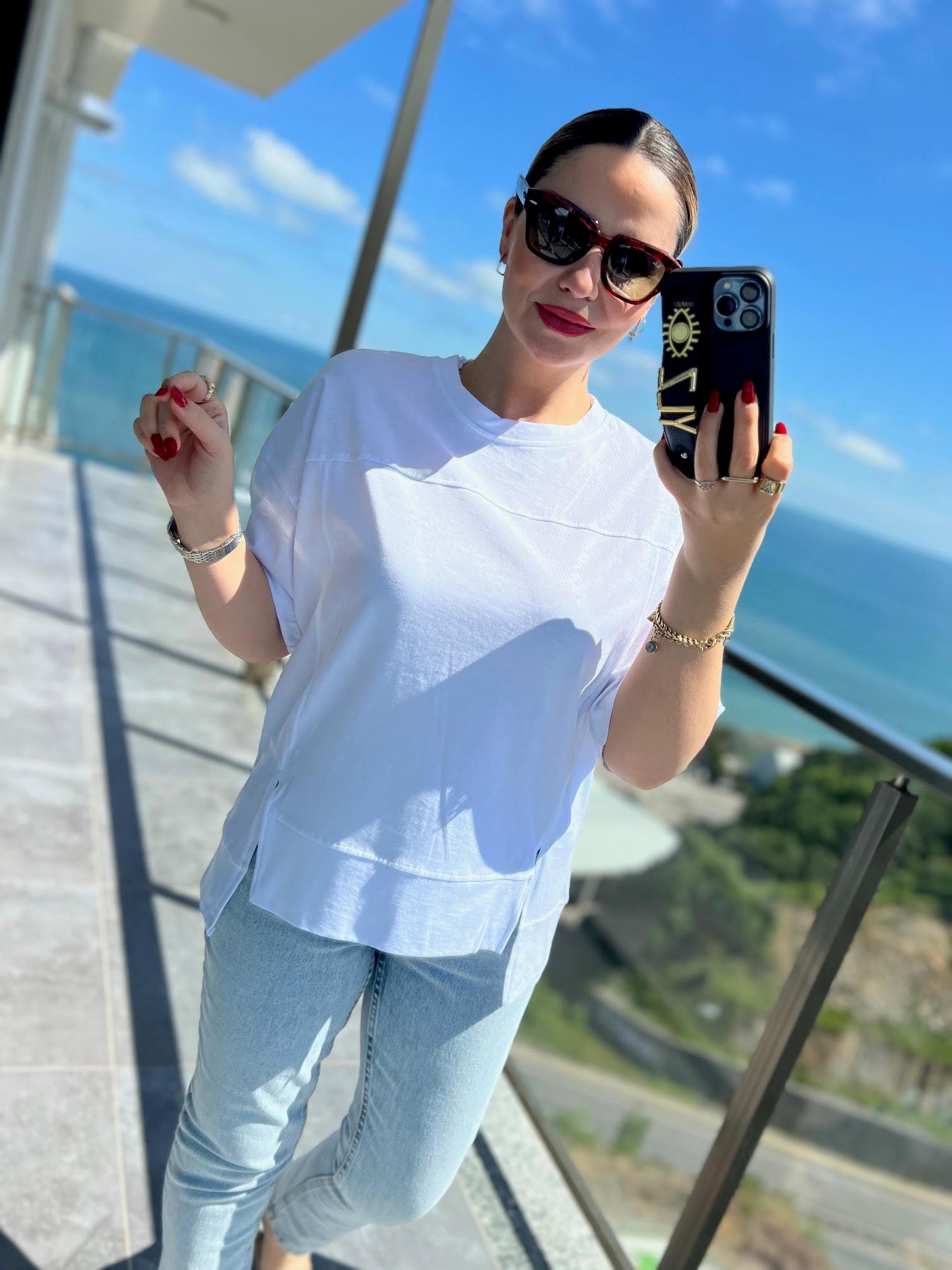 4458 Yırtmaçlı Parçalı Tshirt BEYAZ