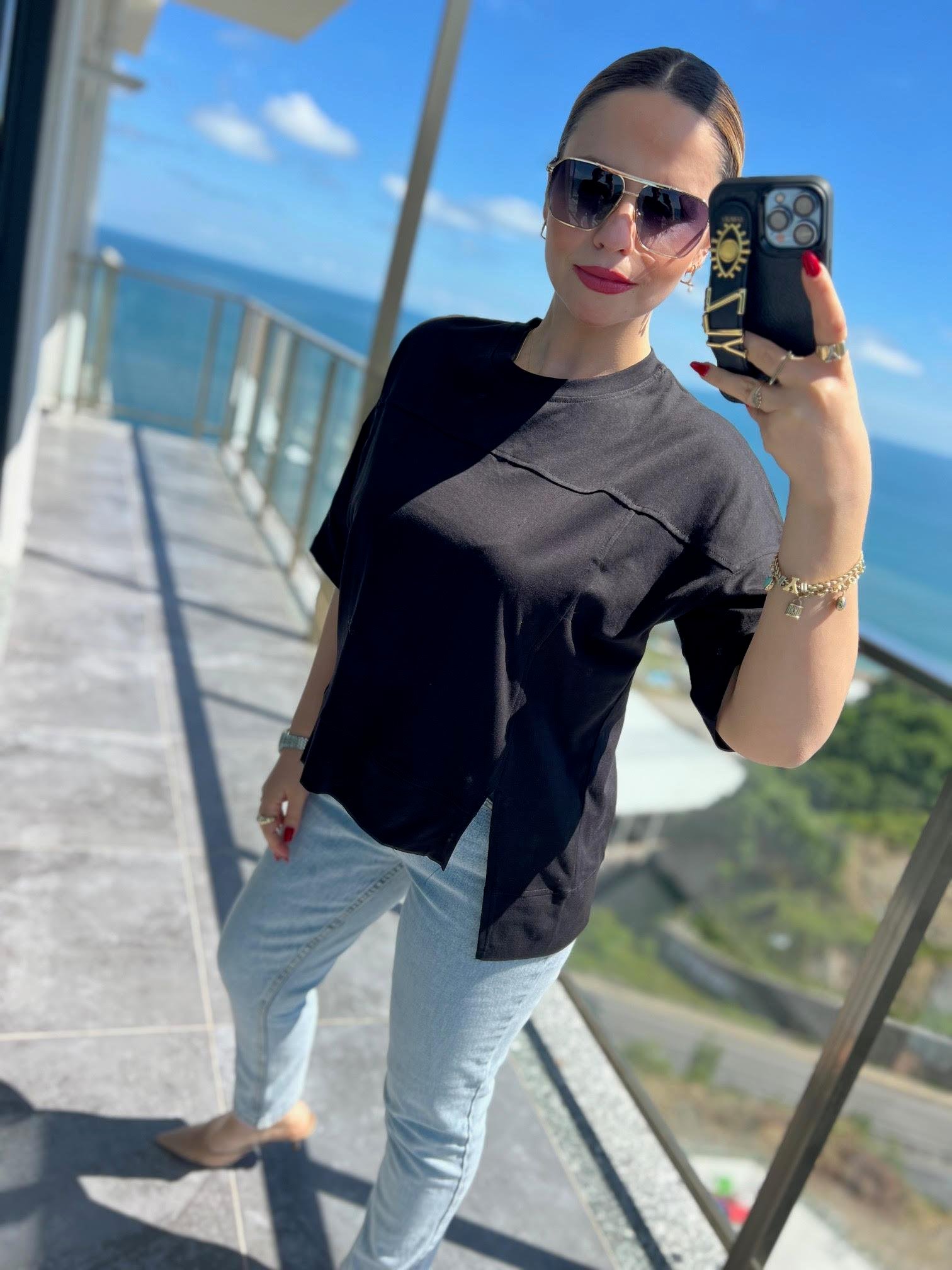 4458 Yırtmaçlı Parçalı Tshirt SİYAH