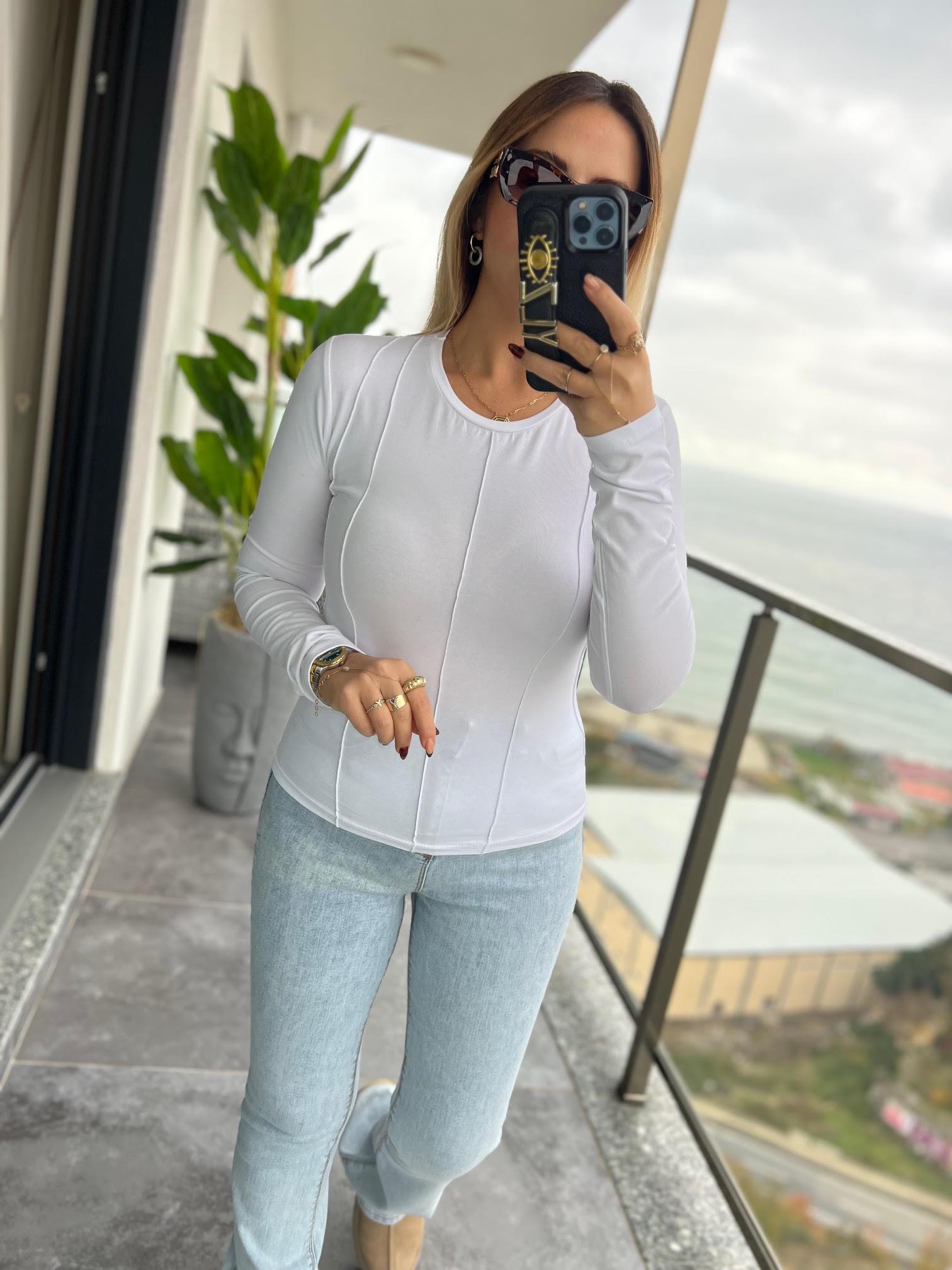 4505 Önü Dikişli Bluz BEYAZ