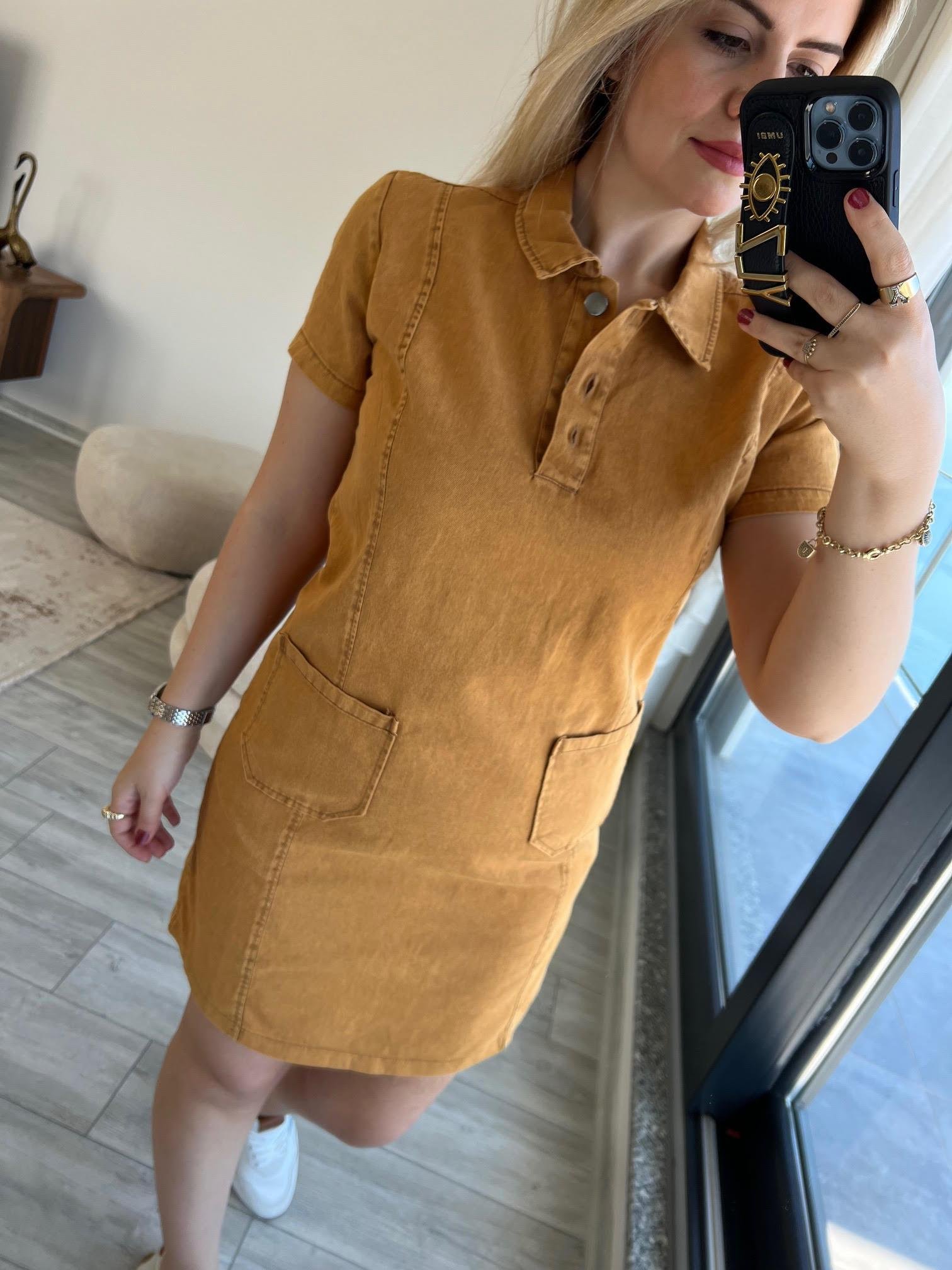 458 Ön Cepli Gabardin Elbise CAMEL