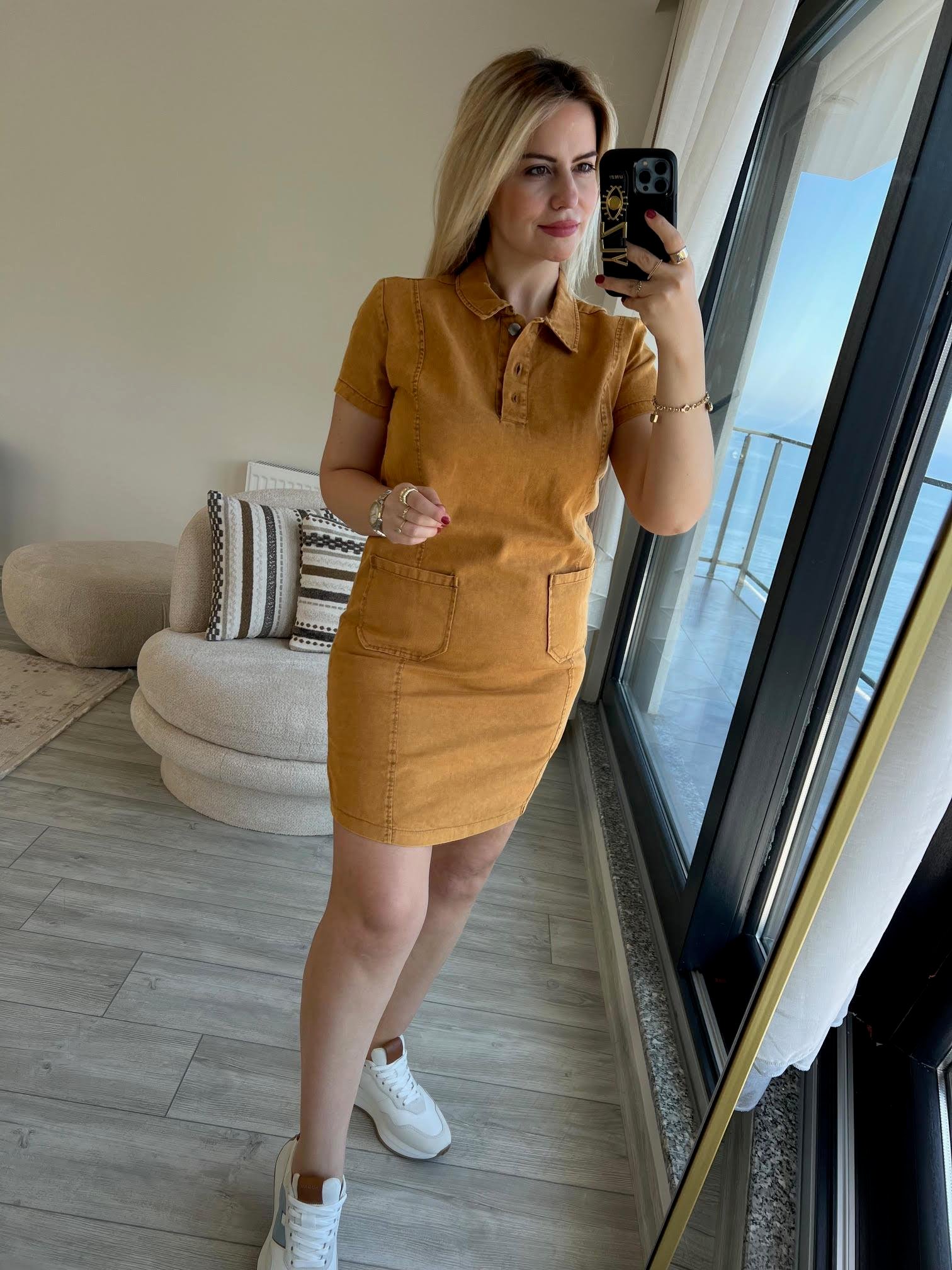 458 Ön Cepli Gabardin Elbise CAMEL