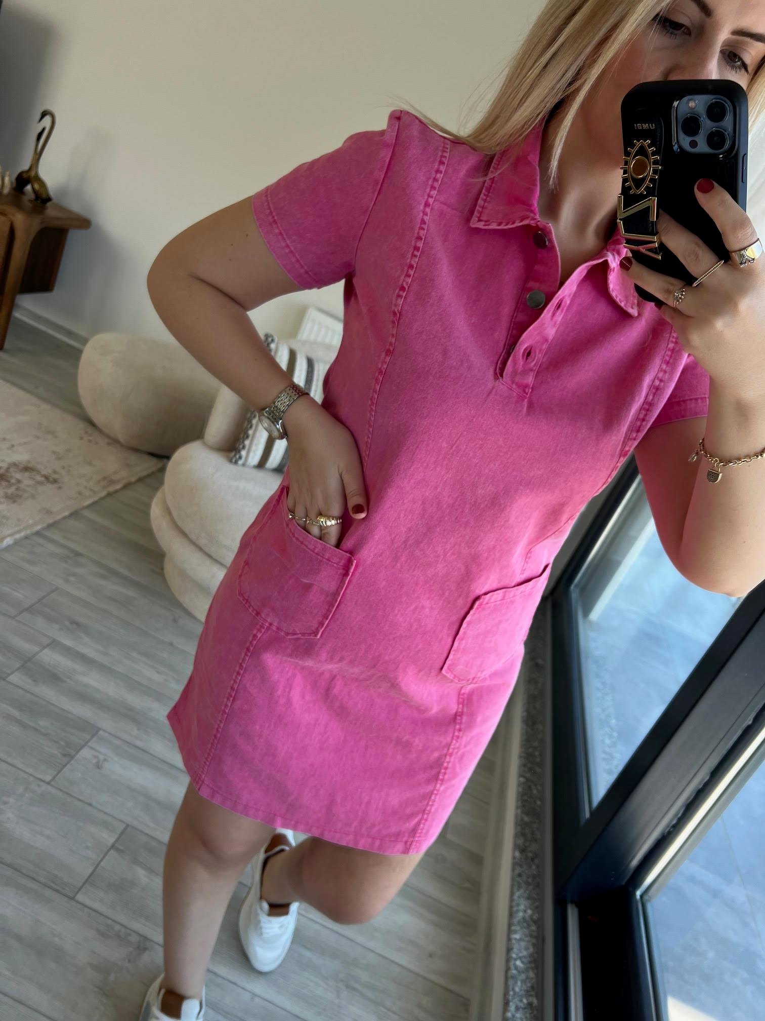 458 Ön Cepli Gabardin Elbise PEMBE