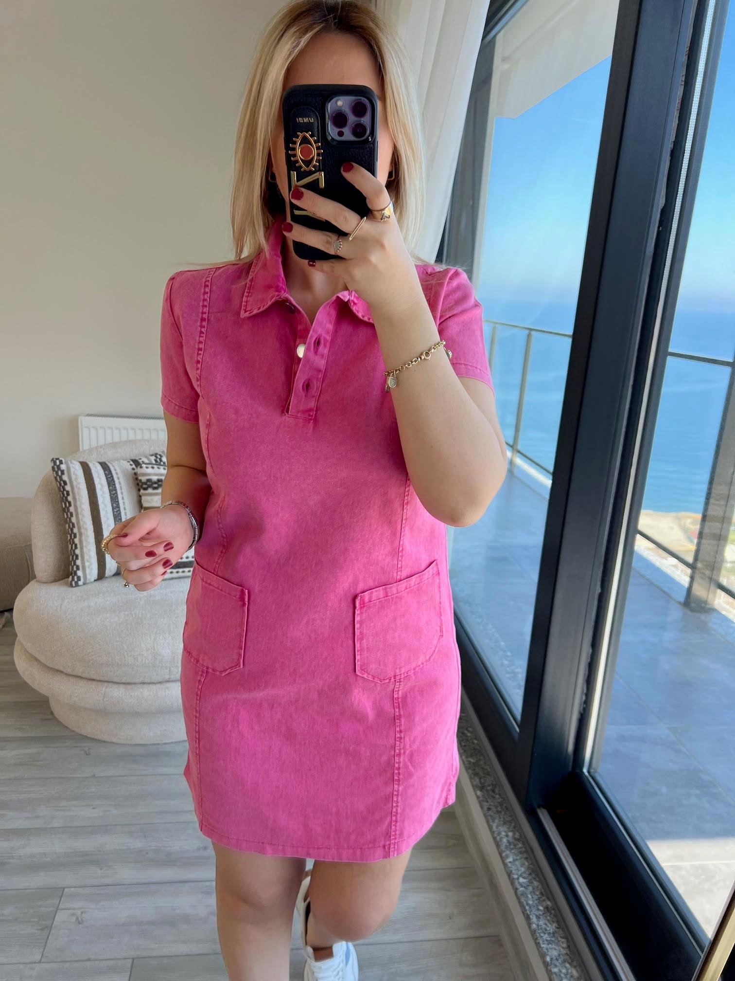 458 Ön Cepli Gabardin Elbise PEMBE
