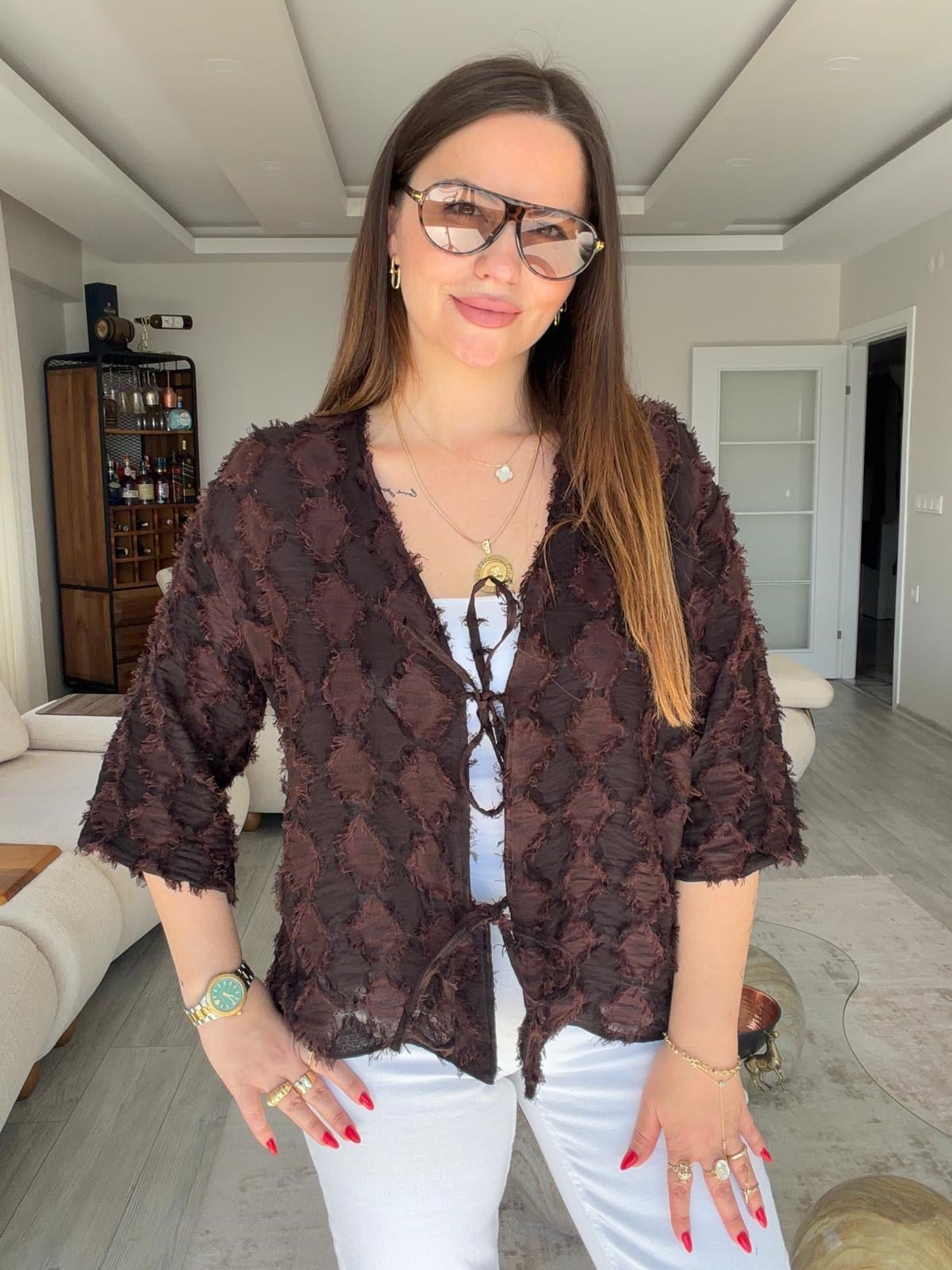 460 Önü Bağlamalı Kimono Ceket KAHVE