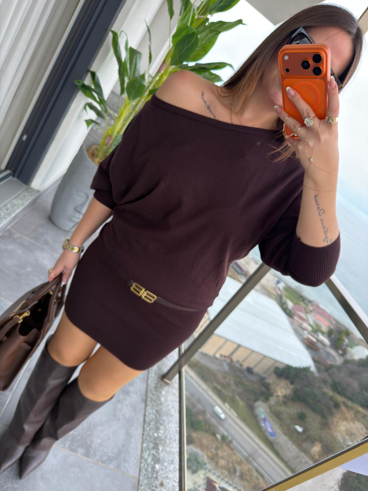 4633 Ribana Mini Elbise KAHVE
