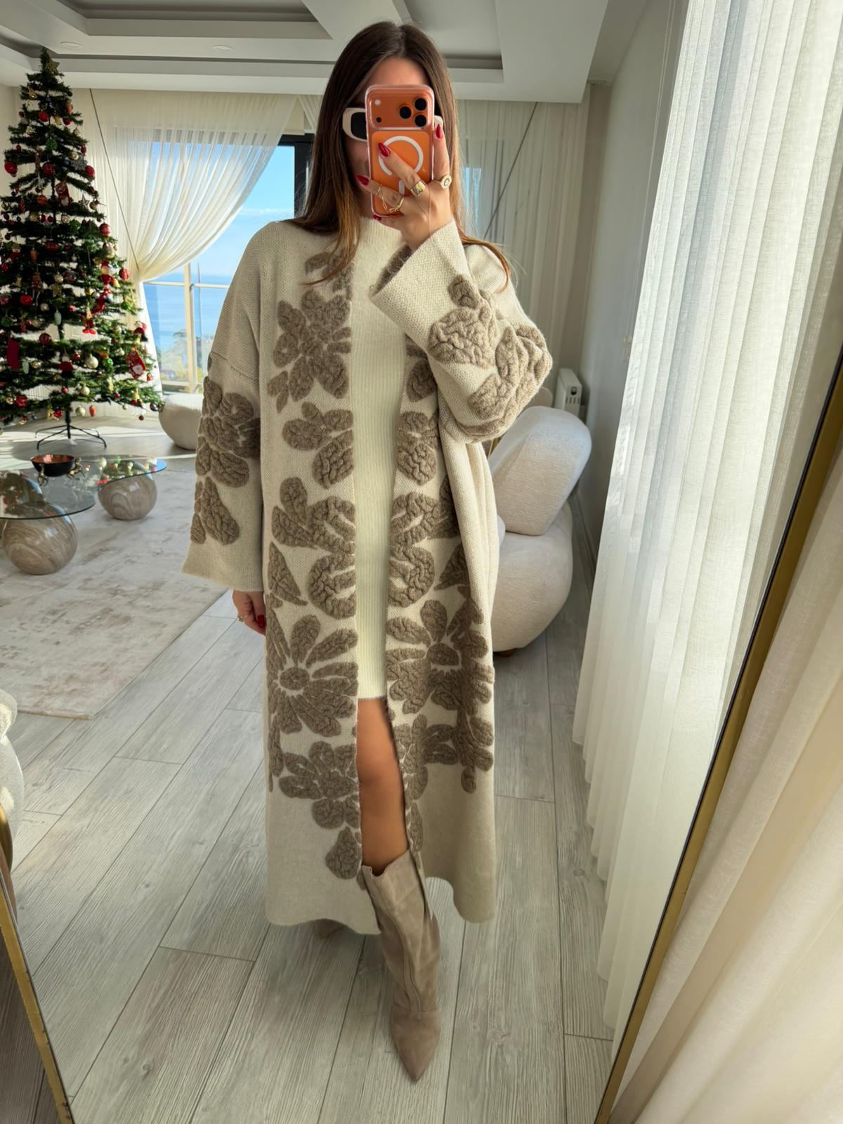 4674 Çiçek Desenli Uzun Hırka TAŞ