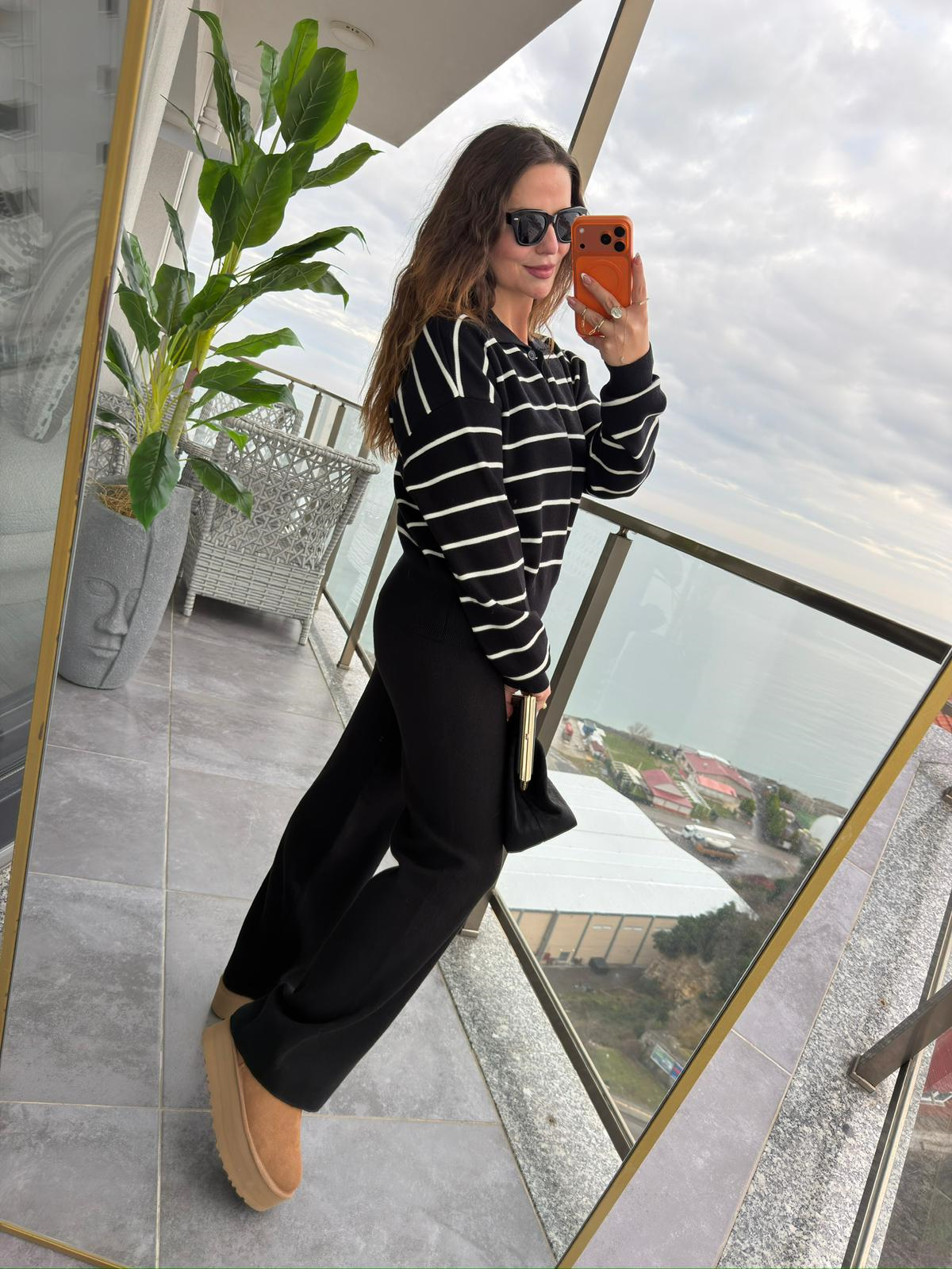 4676 Çizgili Triko Takım SİYAH