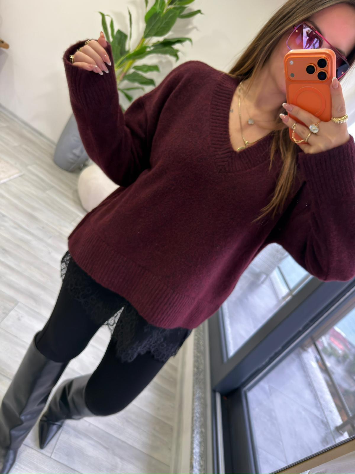 4684 Dantel Detaylı Kazak BORDO