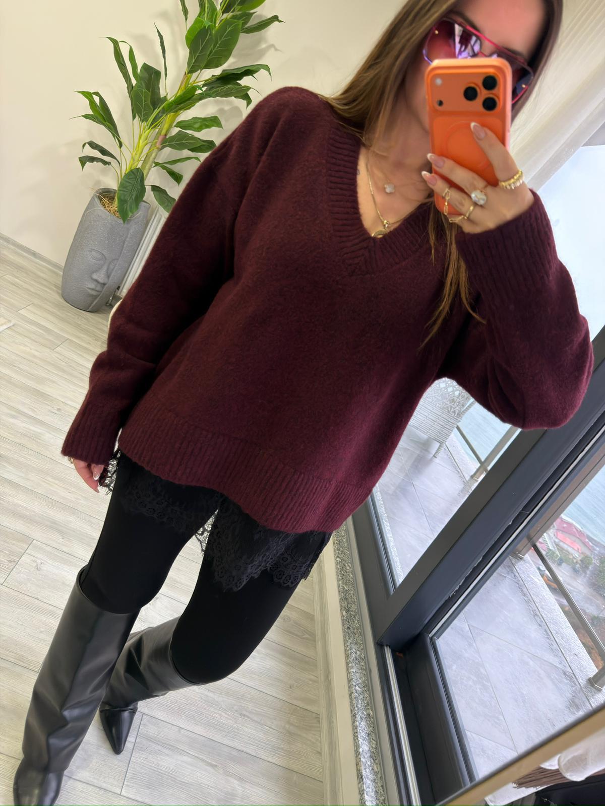 4684 Dantel Detaylı Kazak BORDO