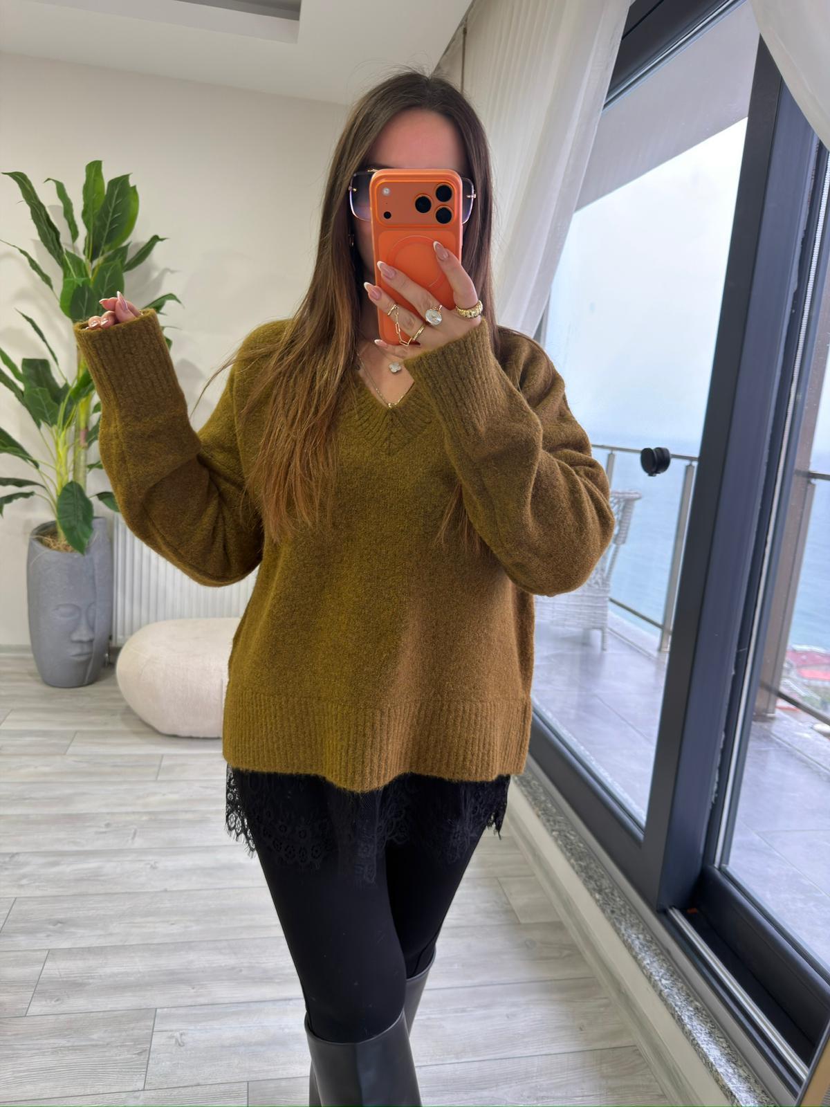 4684 Dantel Detaylı Kazak olive