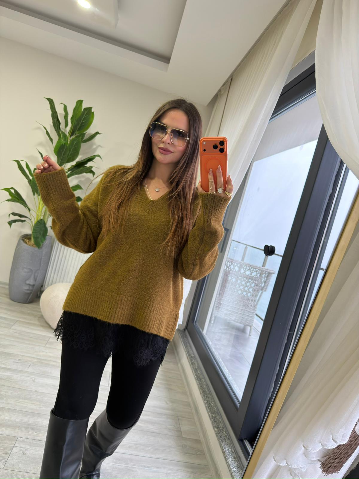 4684 Dantel Detaylı Kazak olive