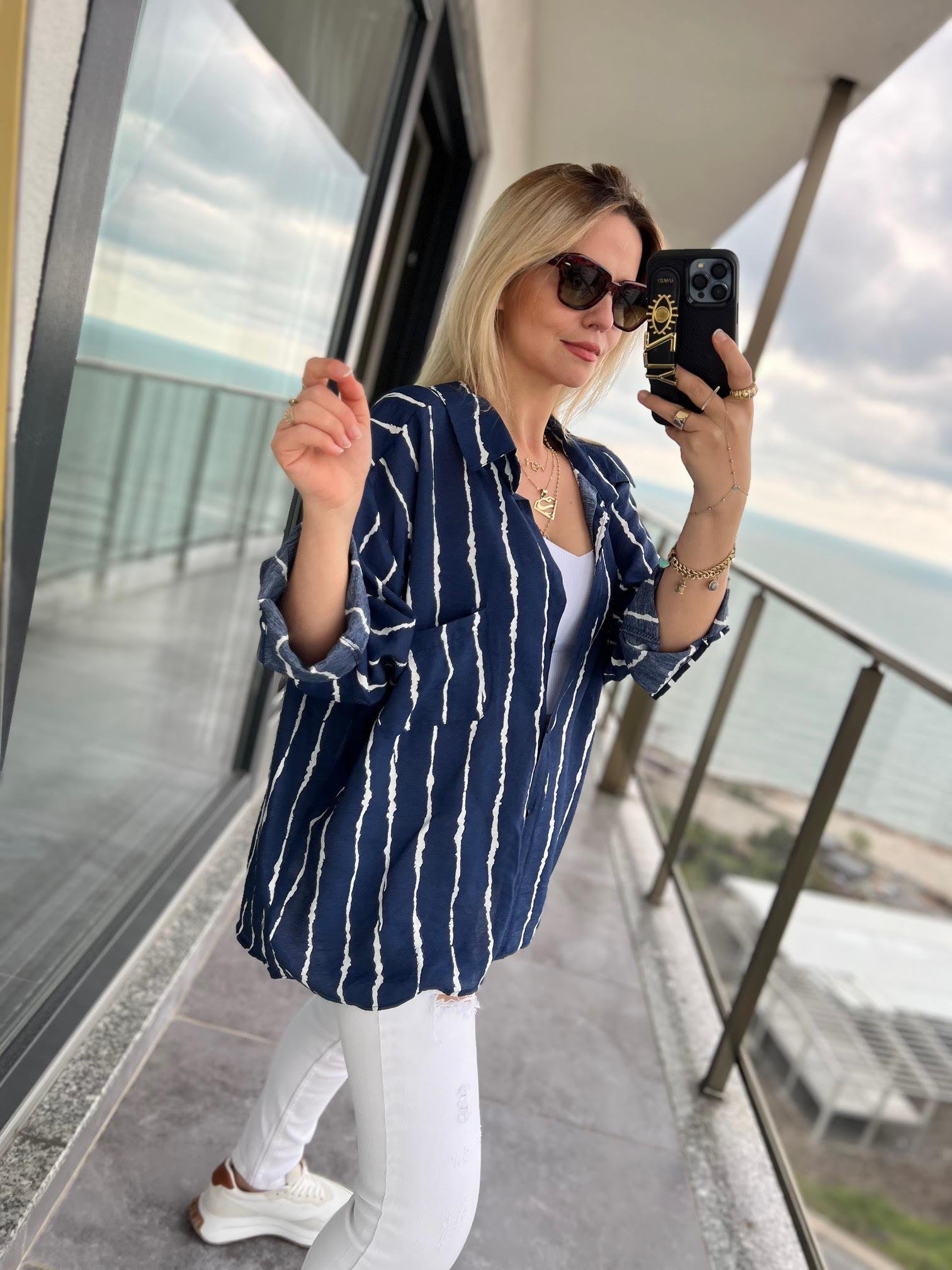 4700 Yakma Detay Keten Gömlek LACİVERT