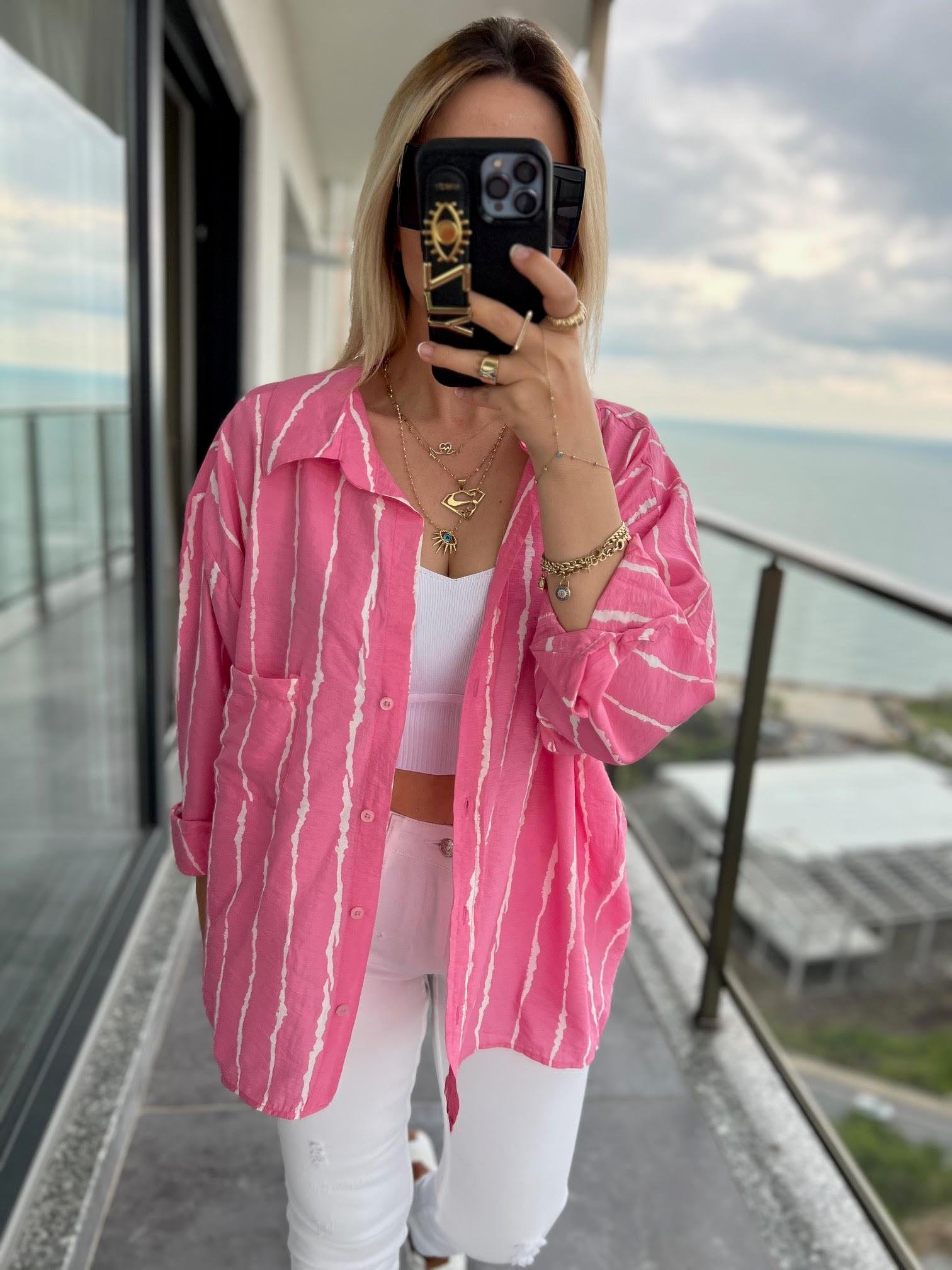 4700 Yakma Detay Keten Gömlek PEMBE