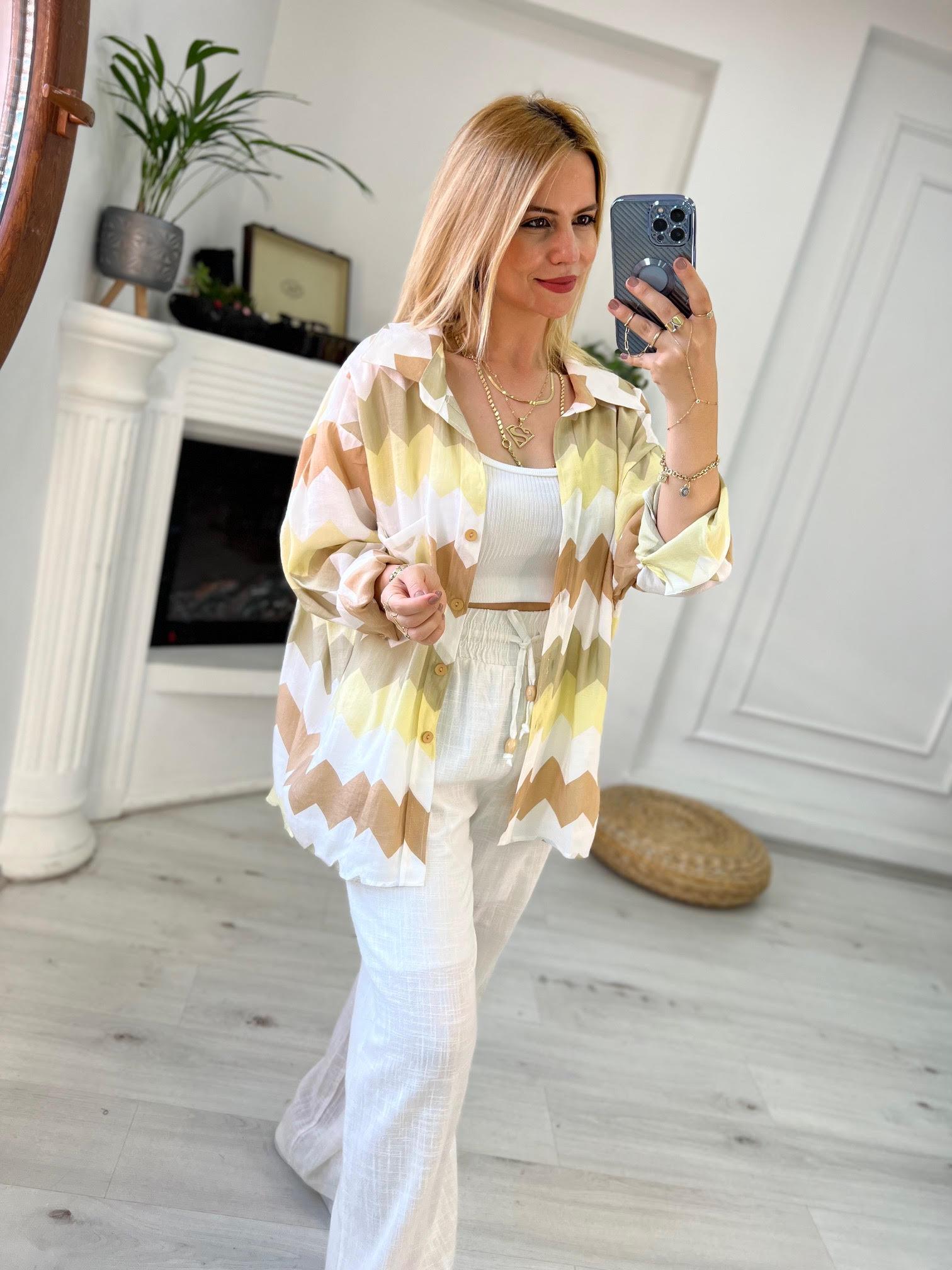4734 Zigzag Oversize Gömlek BEJ