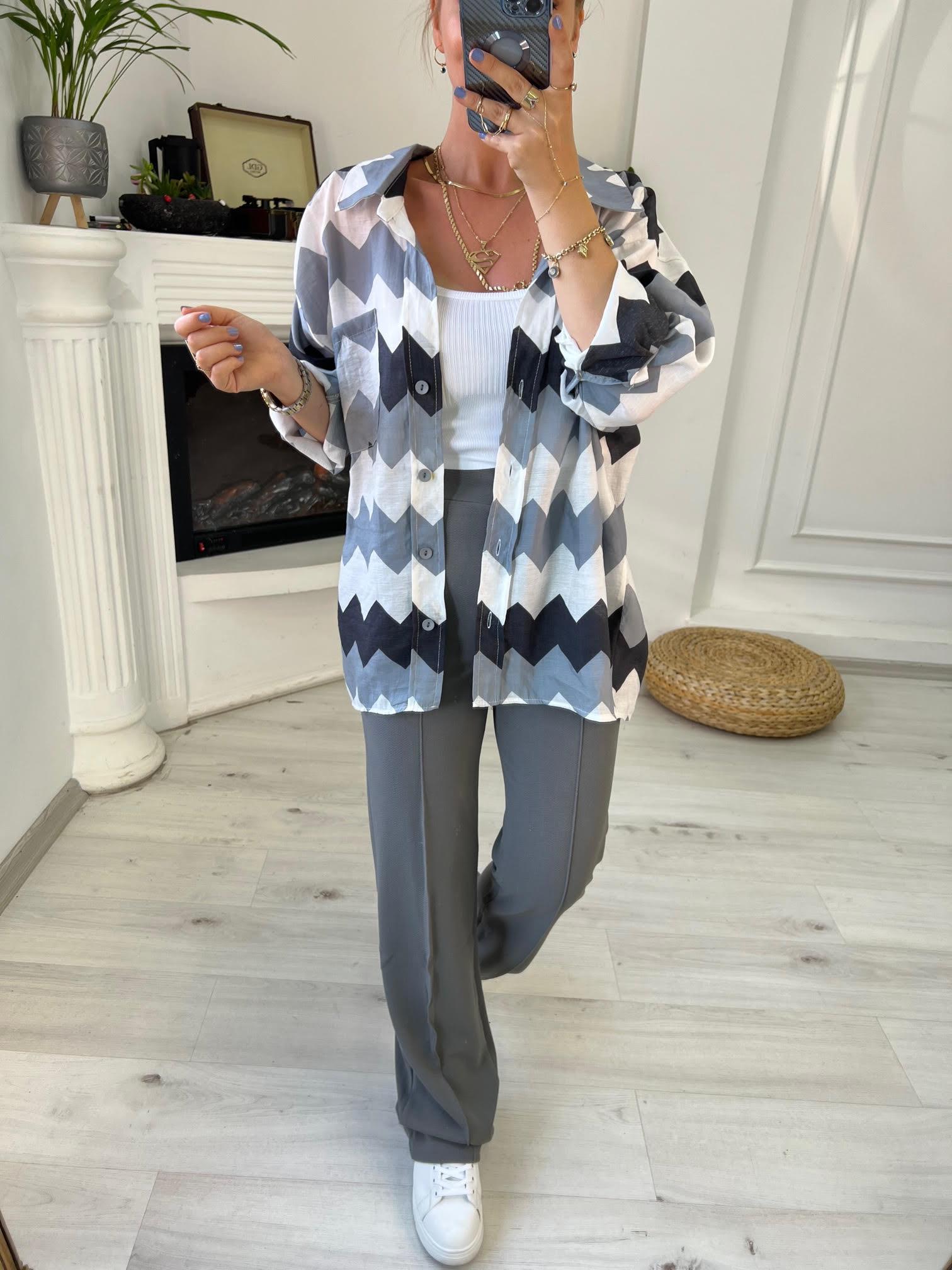 4734 Zigzag Oversize Gömlek GRİ