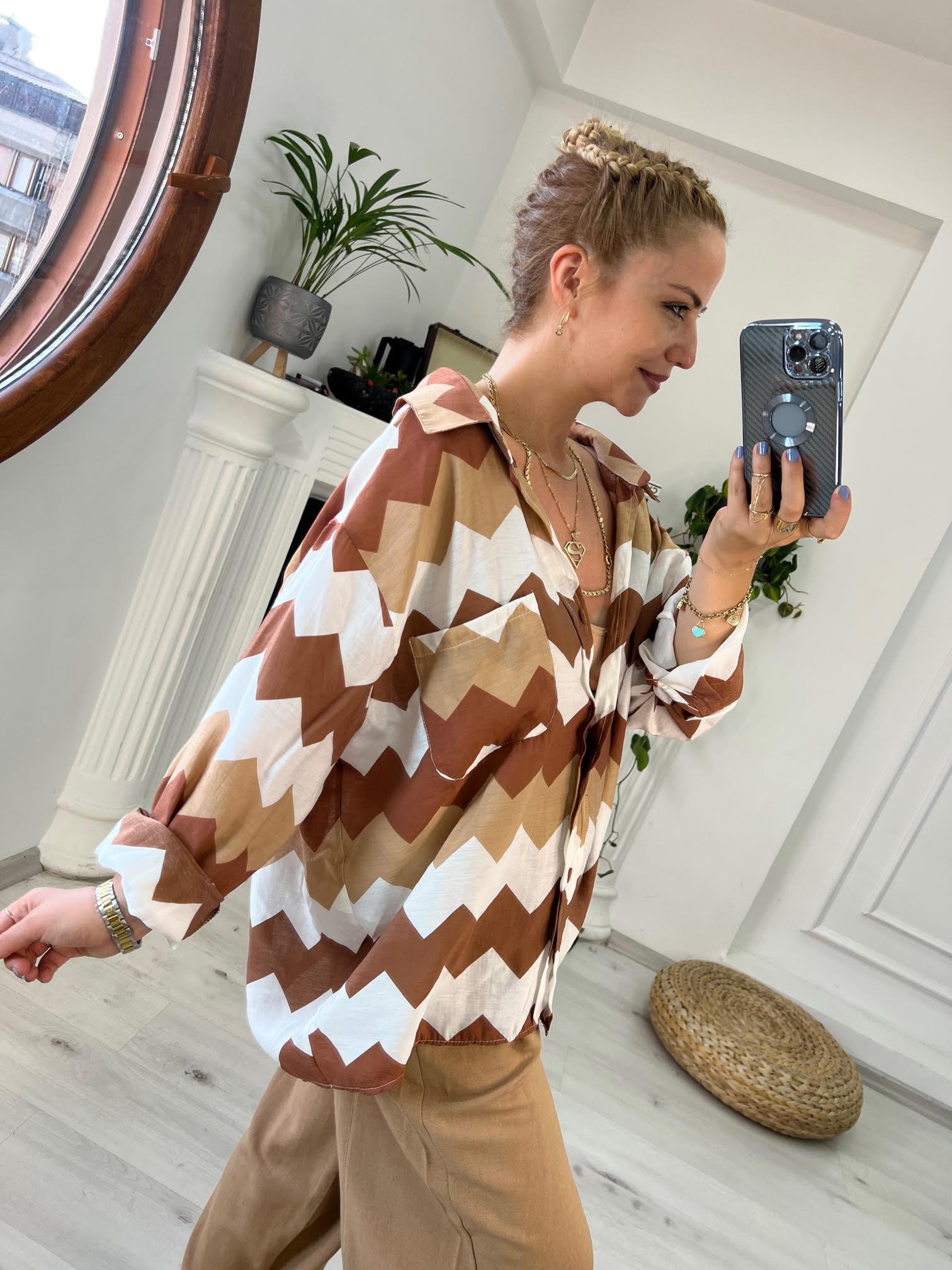 4734 Zigzag Oversize Gömlek KAHVE
