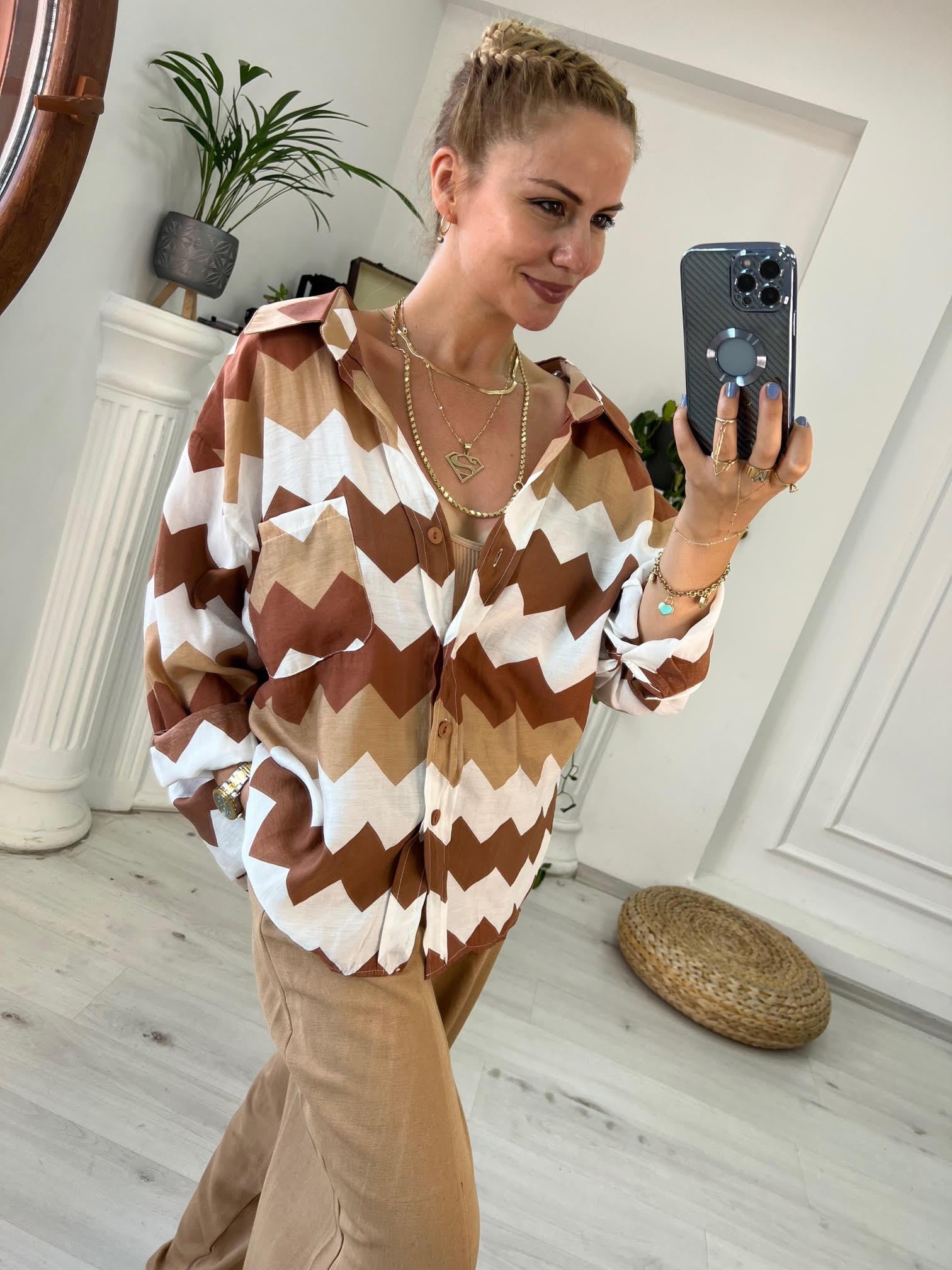 4734 Zigzag Oversize Gömlek KAHVE
