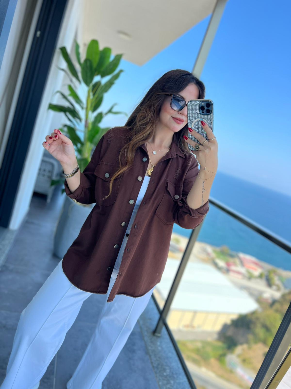 475 Yırtıklı Gabardin Gömlek ACI KAHVE